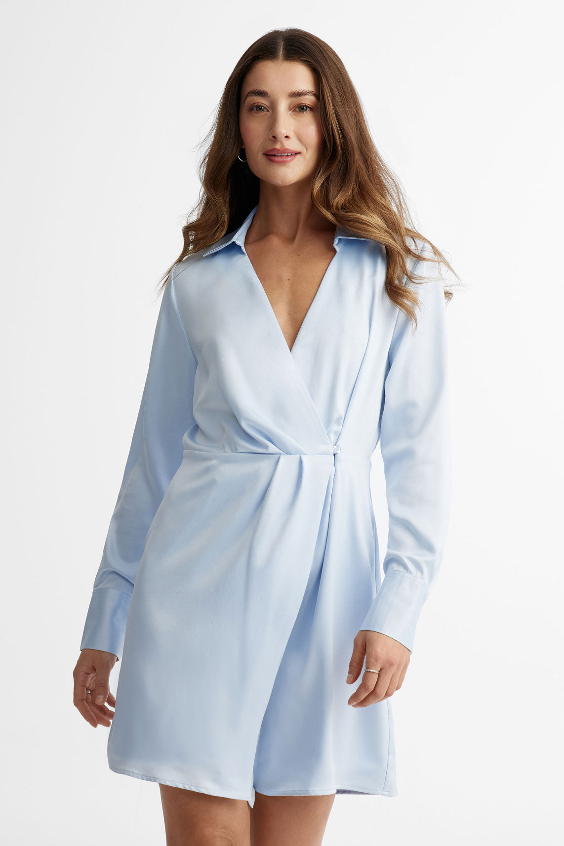 Robe-chemisier drapée en satin - Femme && BLEU