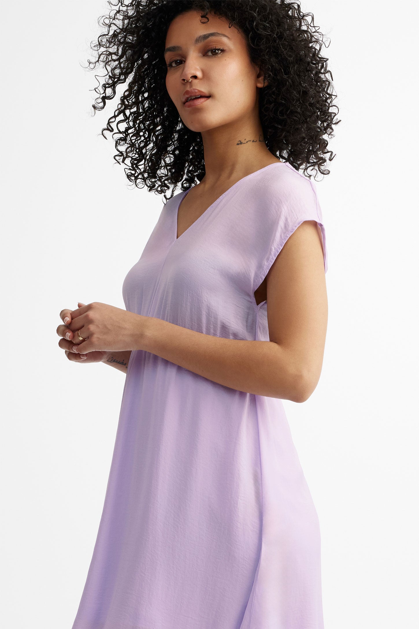 Robe longue col en V satin - Femme && LILAS