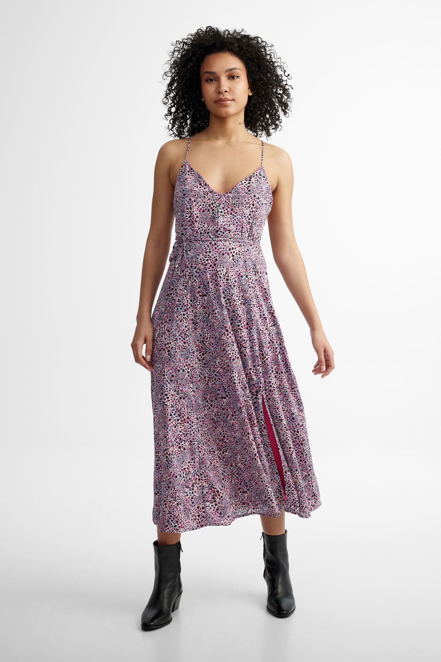 Robe longues bretelles fines croisées imprimé floral - Femme && ROSE MULTI