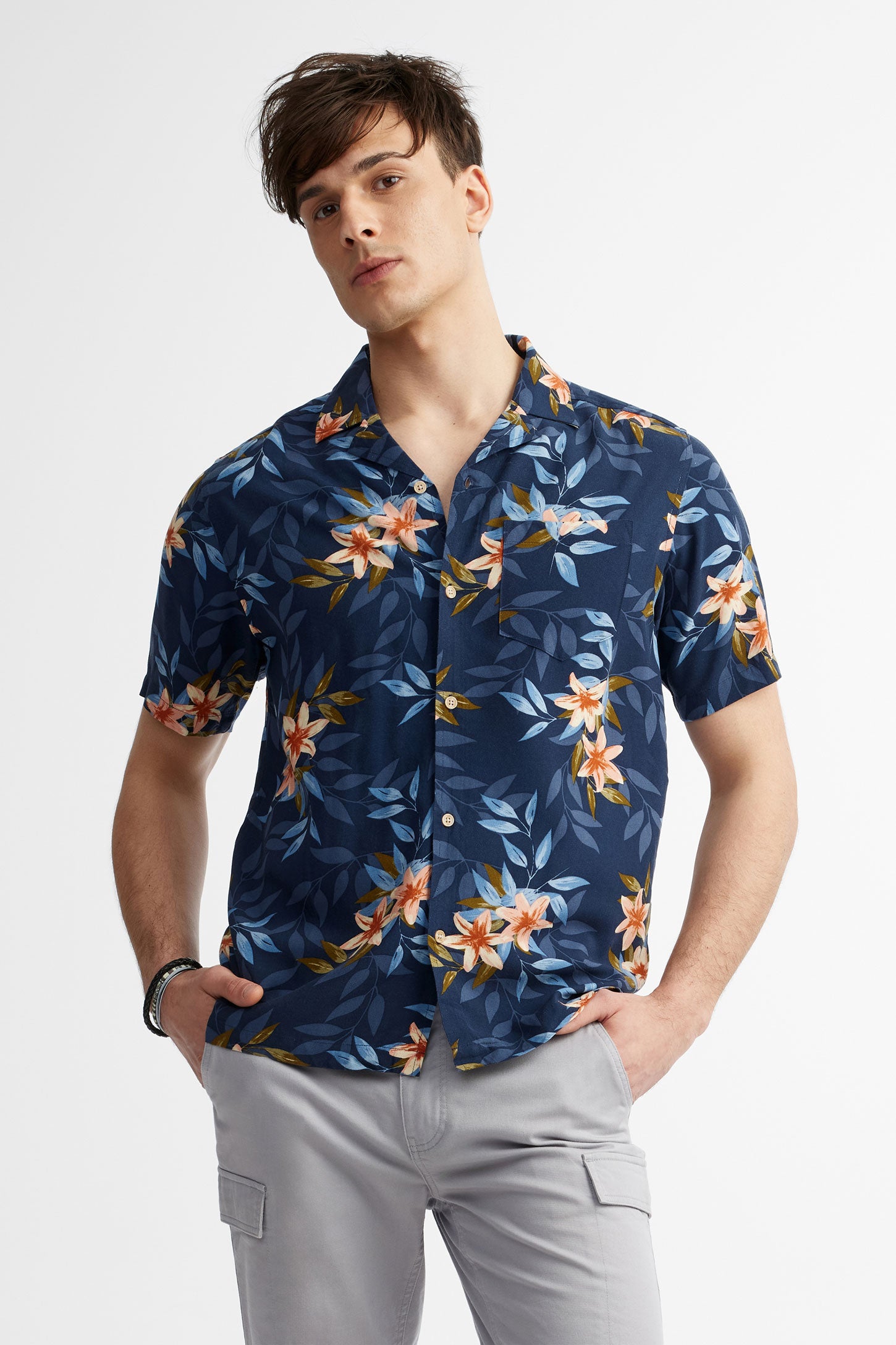 Chemise manches courtes imprimé floral - Homme && BLEU MARINE MUL