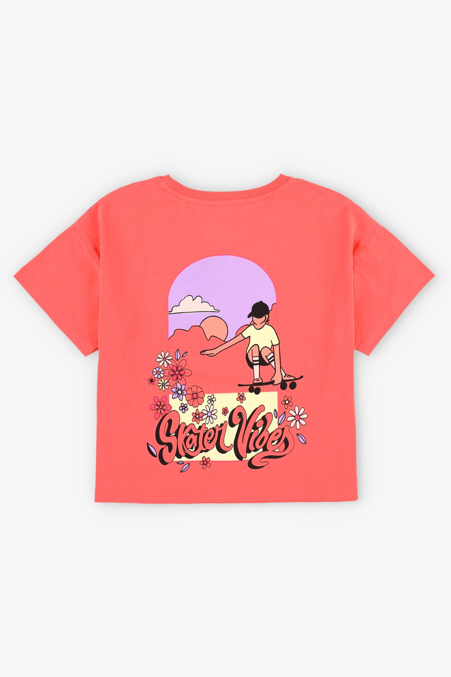T-shirt col rond imprimé coton - Enfant fille && ORANGE