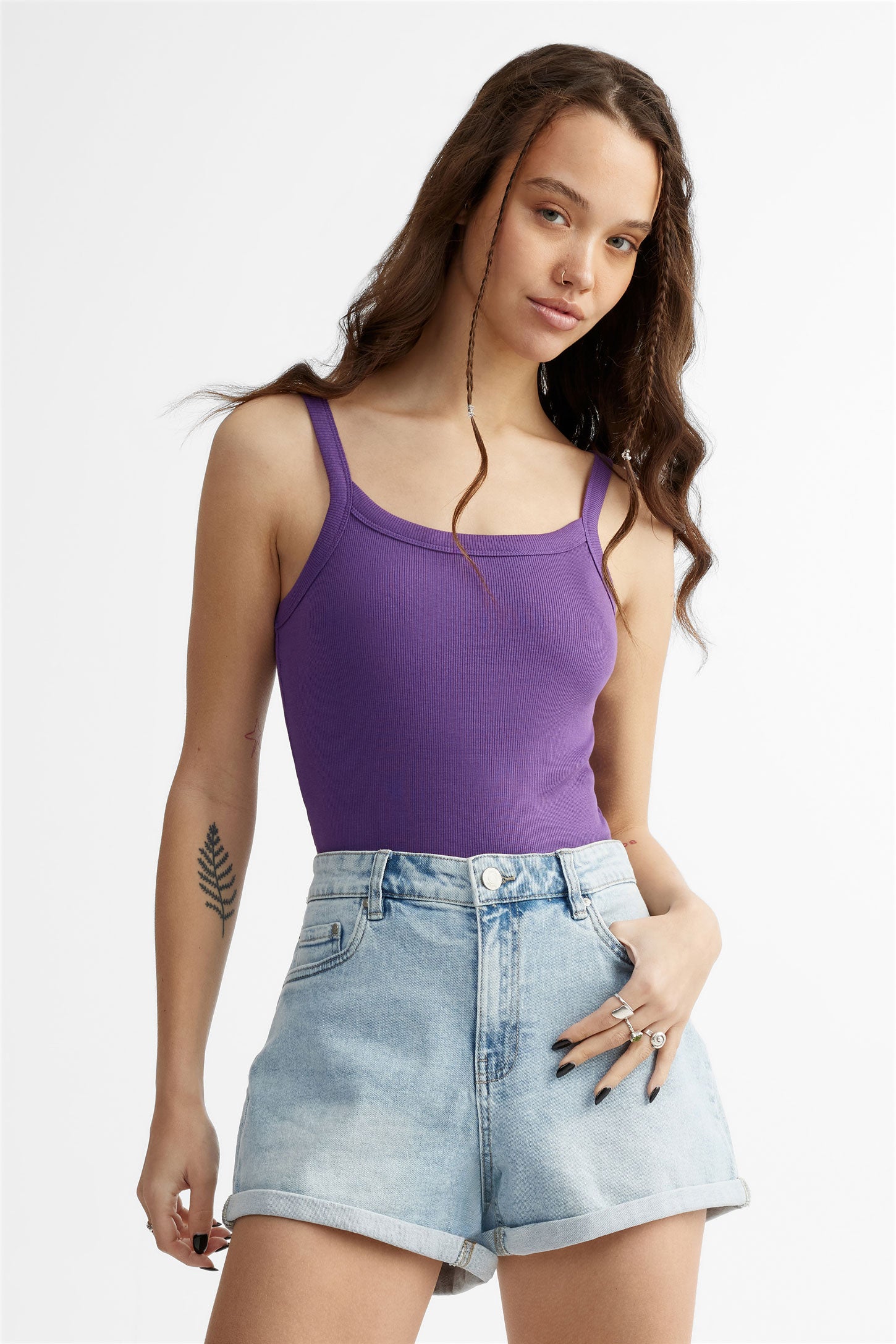 Camisole à bretelles côtelée en coton - Femme && VIOLET