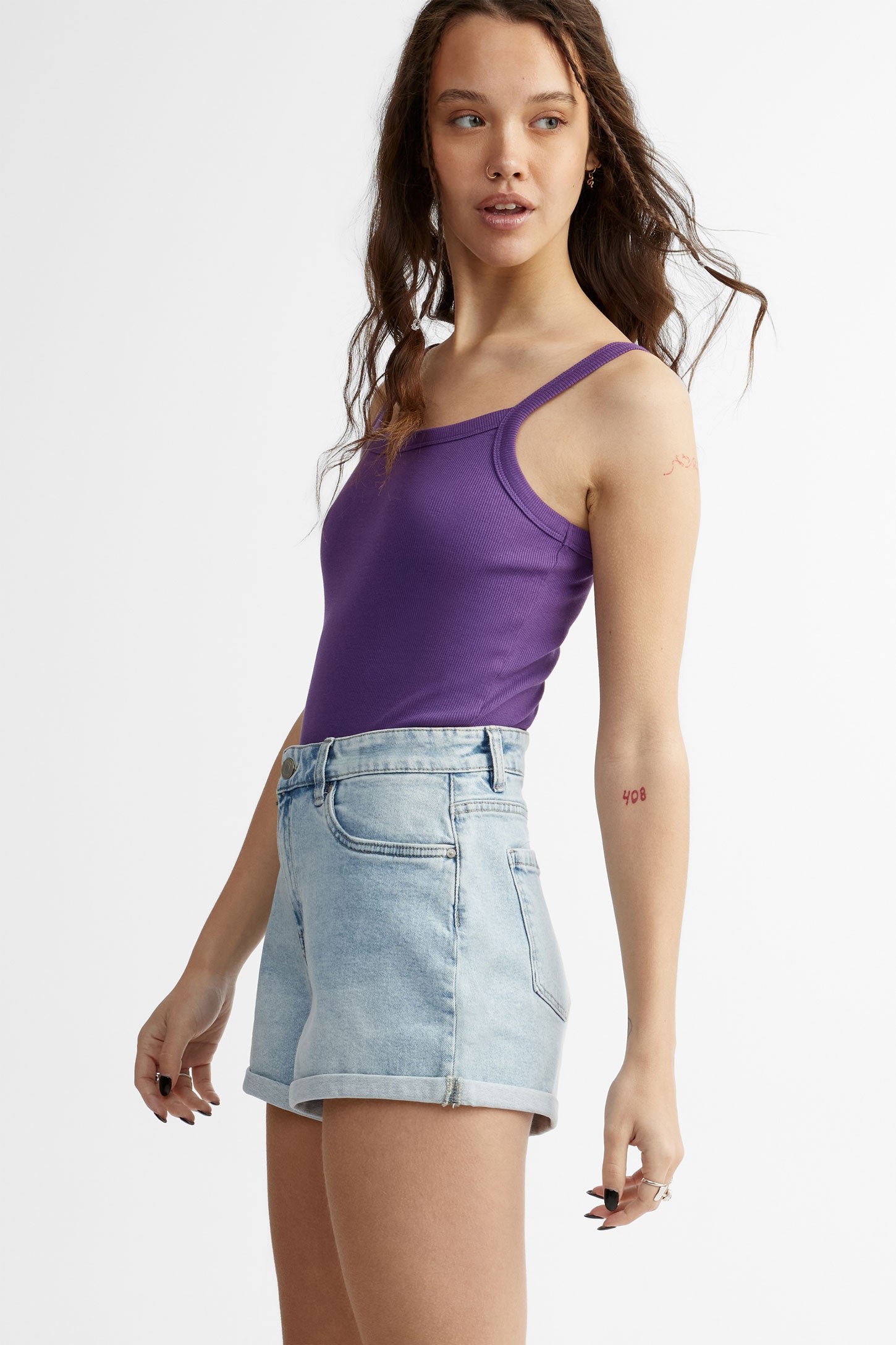 Camisole à bretelles côtelée en coton - Femme && VIOLET