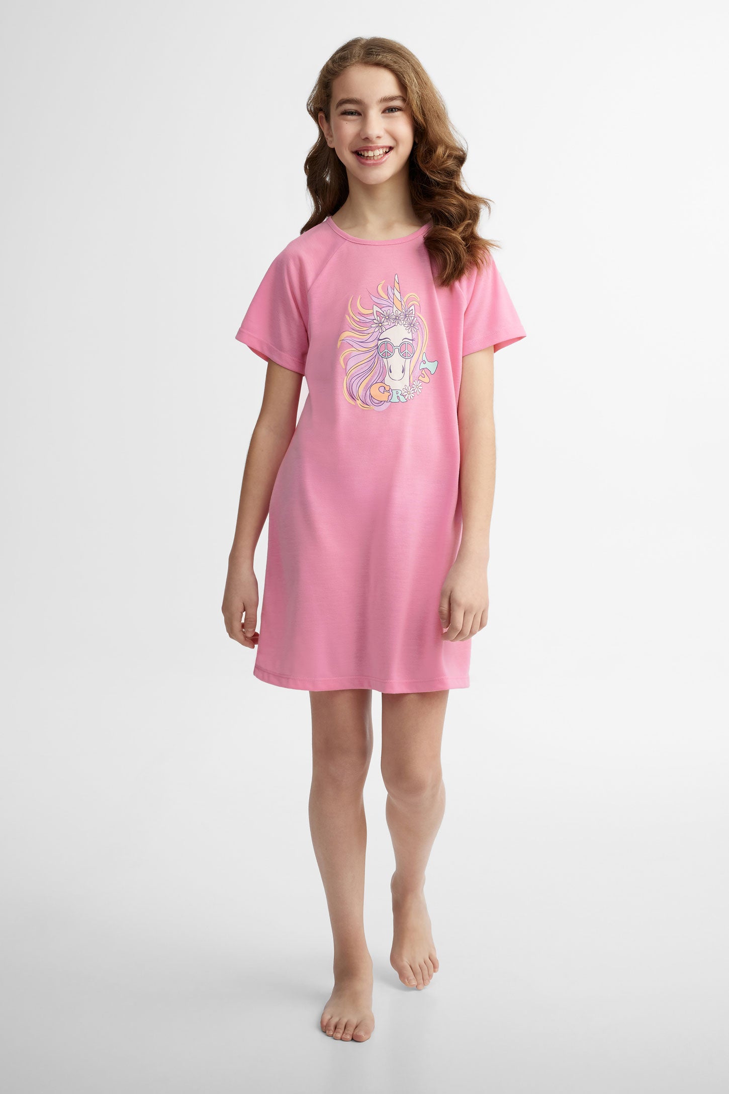 Robe De Nuit Manches Courtes Pour Fille 3-10 Ans - Douce, Imprimé Mignon, En Polyester élasthanne, Lavable Machine