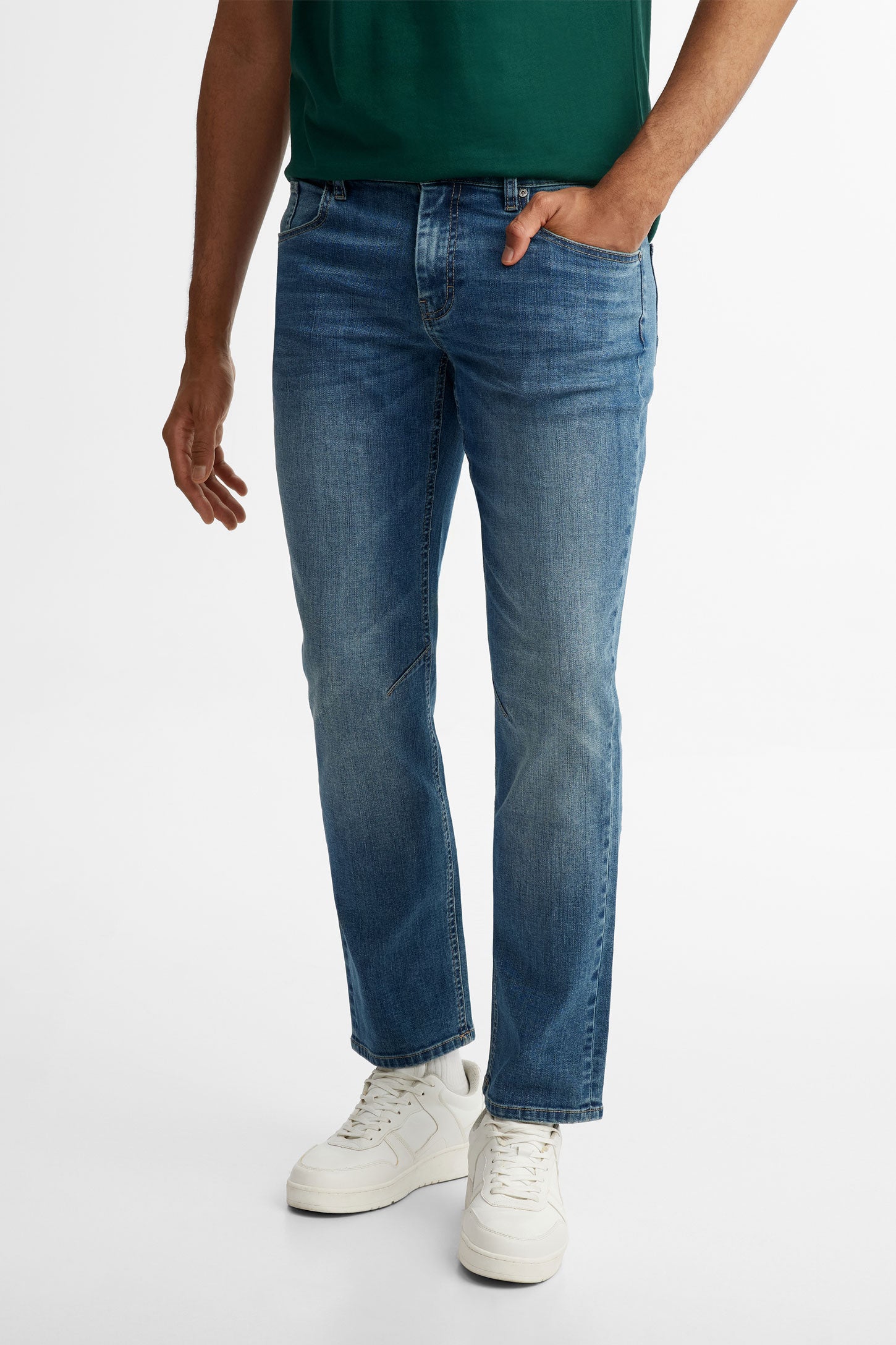 Jeans 5 poches délavé jambe droite - Homme && BLEU FONCE