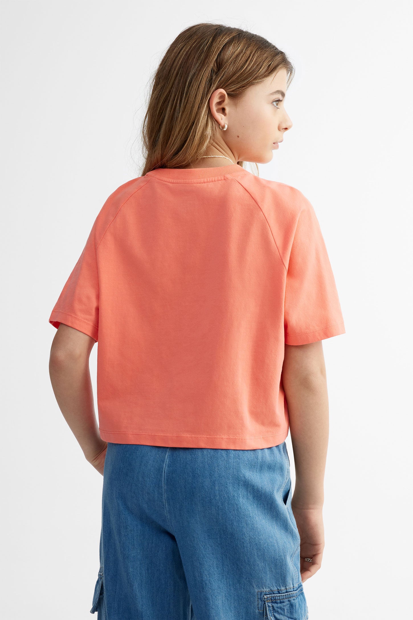 T-shirt écourté imprimé en coton - Ado fille && ORANGE