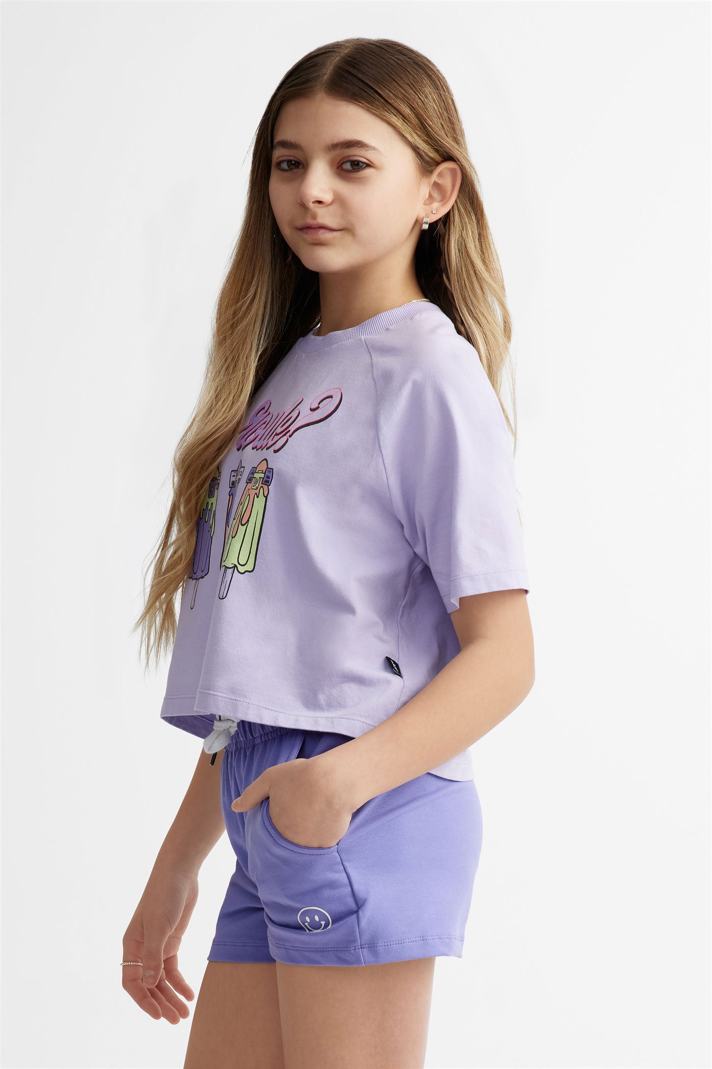 T-shirt écourté imprimé en coton - Ado fille && MAUVE PALE