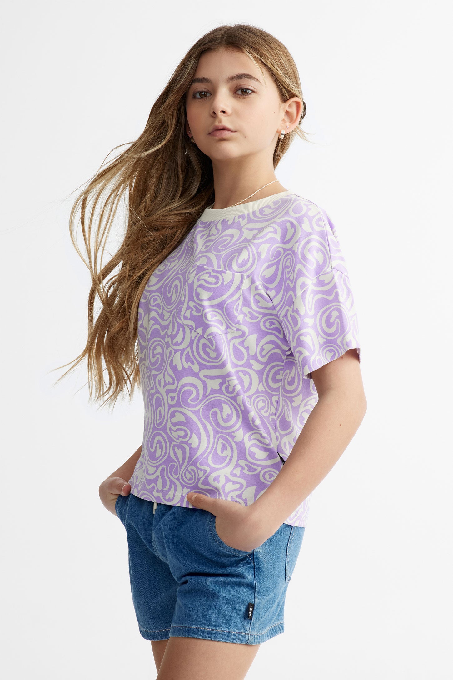 T-shirt col rond imprimé coton - Ado fille && MAUVE/MULTI