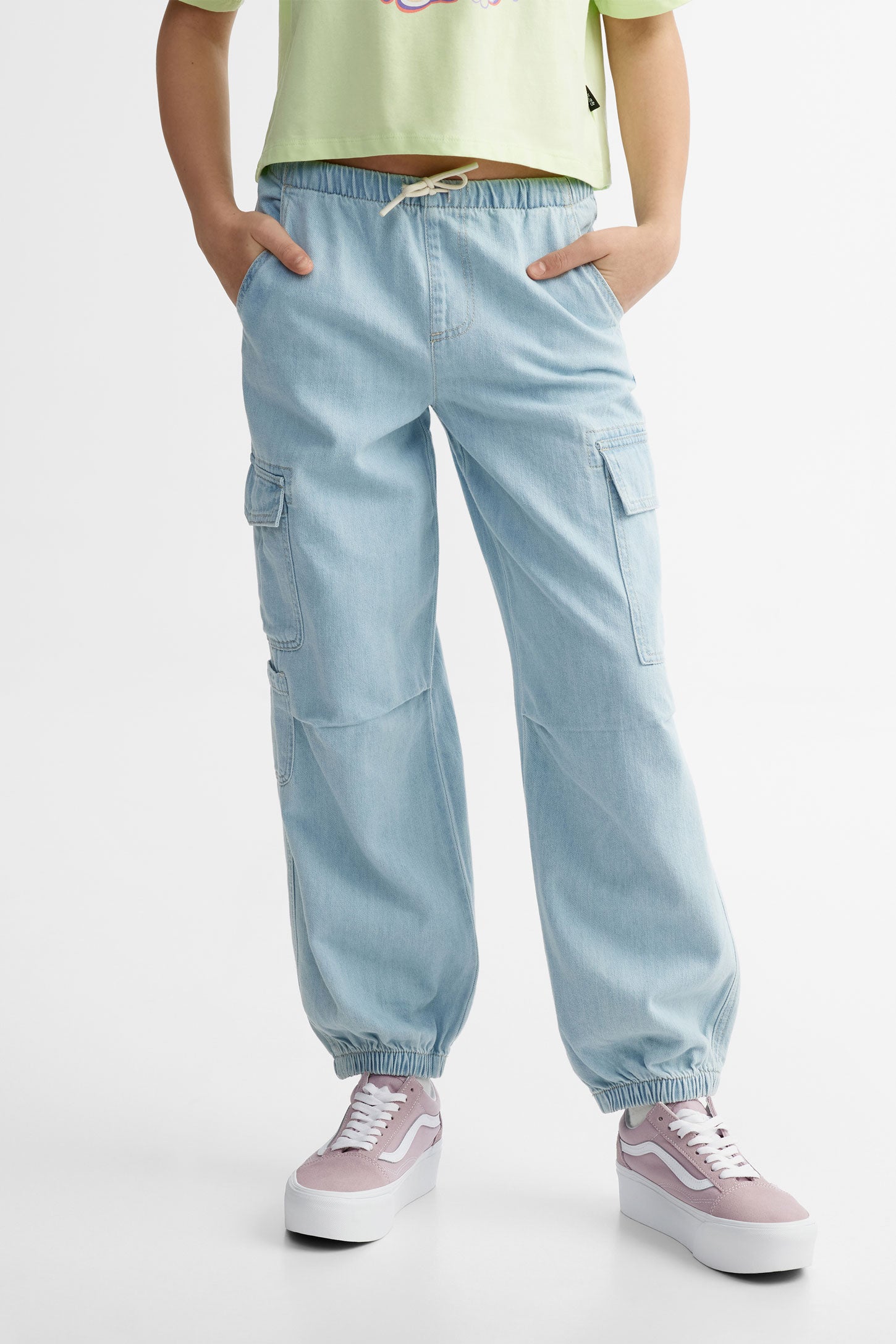 Jeans parachute taille basse coton - Ado fille && BLEU PALE