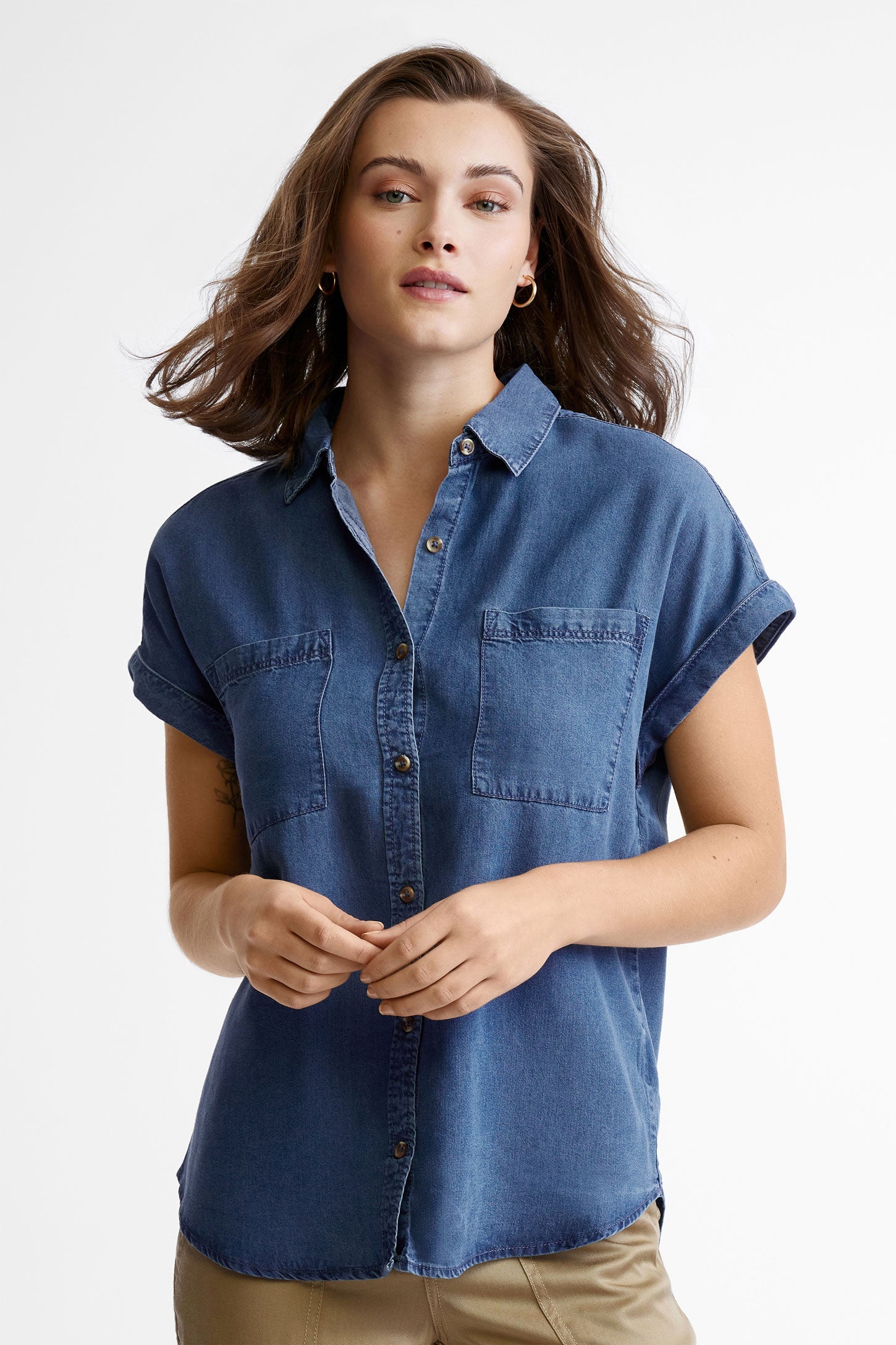 Chemisier manches courtes en Lyocell - Femme && BLEU