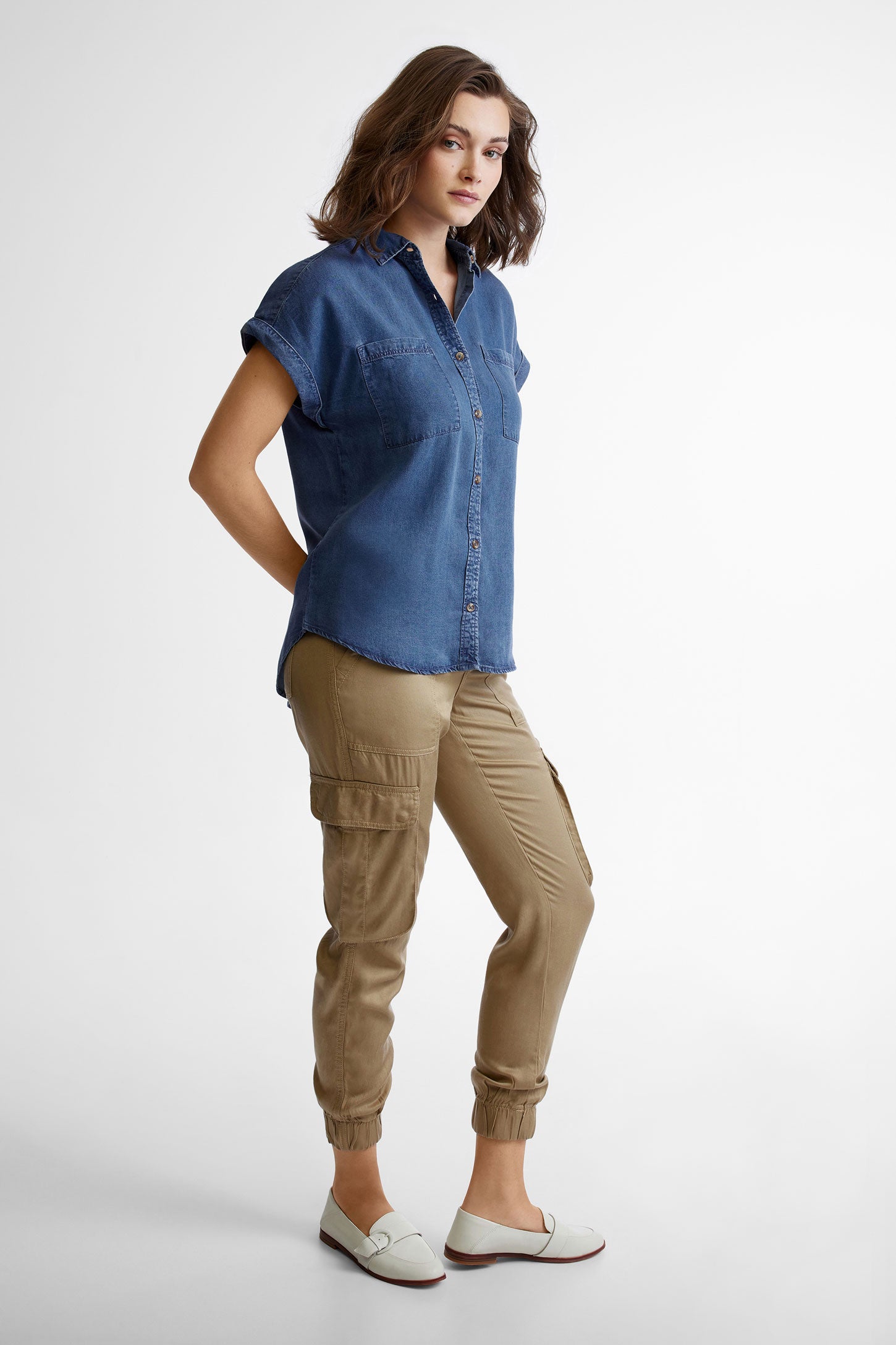 Chemisier manches courtes en Lyocell - Femme && BLEU