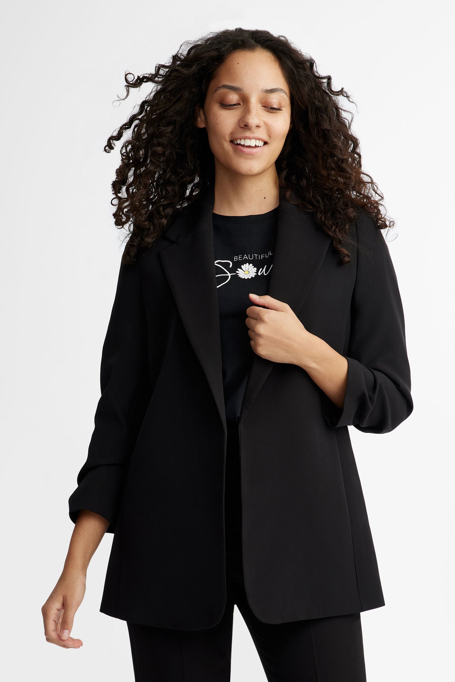  Lapel Neck Zip Detail Blazer for Women - Elegant Thigh Length  Three Quarter Length Sleeve Regular Fit Jacket (Color : Black, Size :  X-Large) : Clothing, Shoes & Jewelry