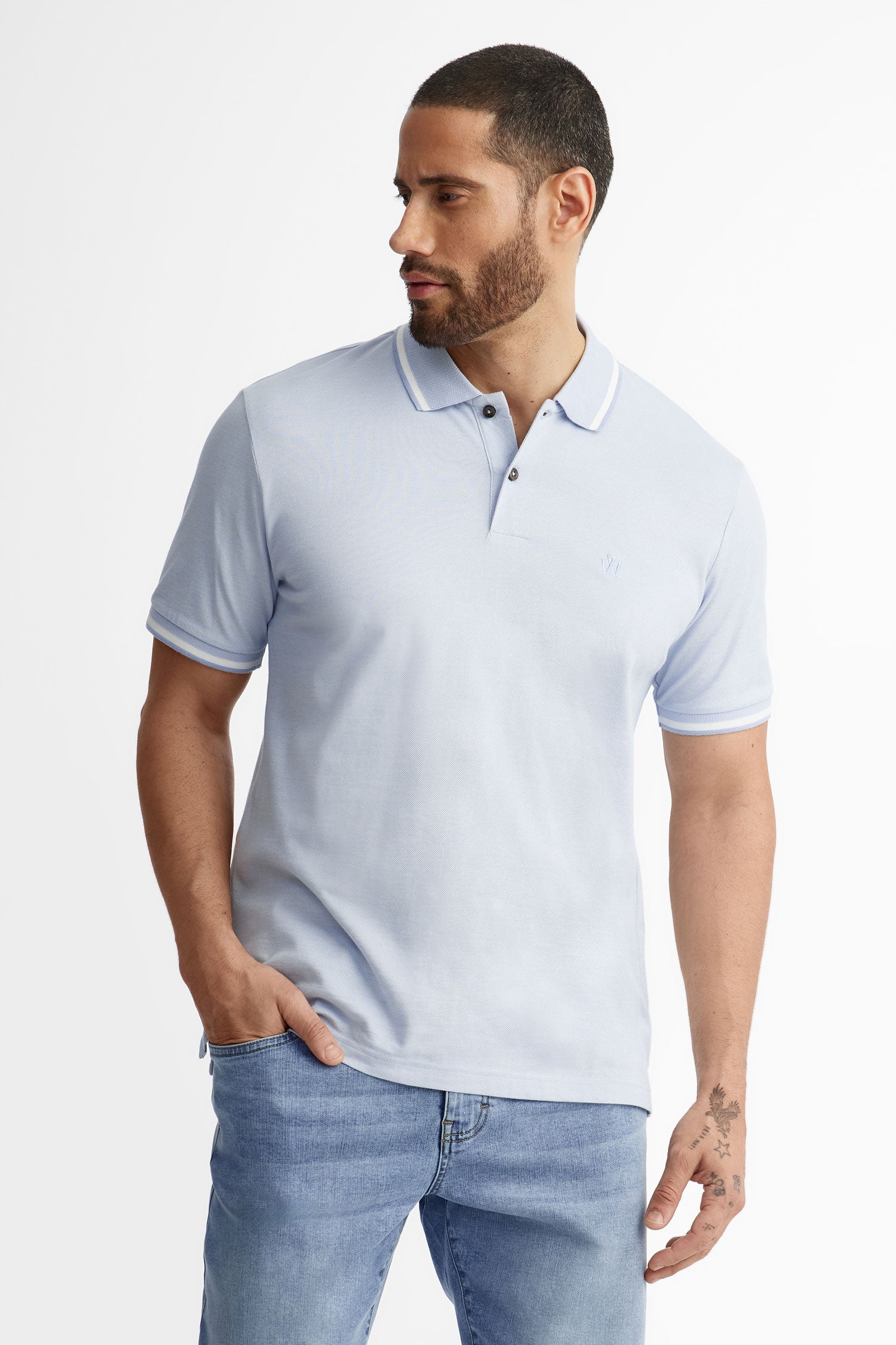 Polo manches courtes Oxford coton piqué - Homme && BLEU