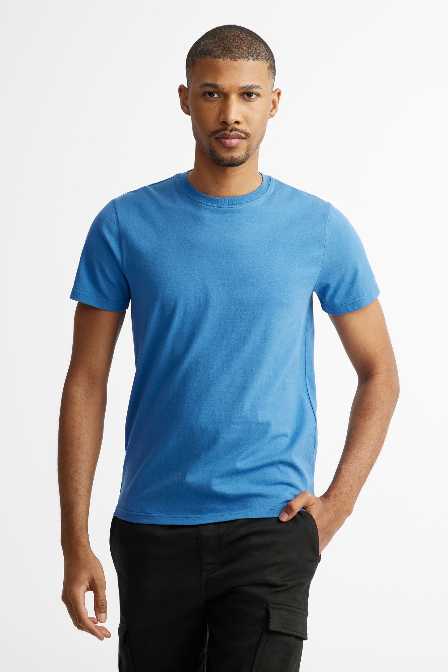 T-shirt col rond en coton, 3/25$ - Homme && BLEU