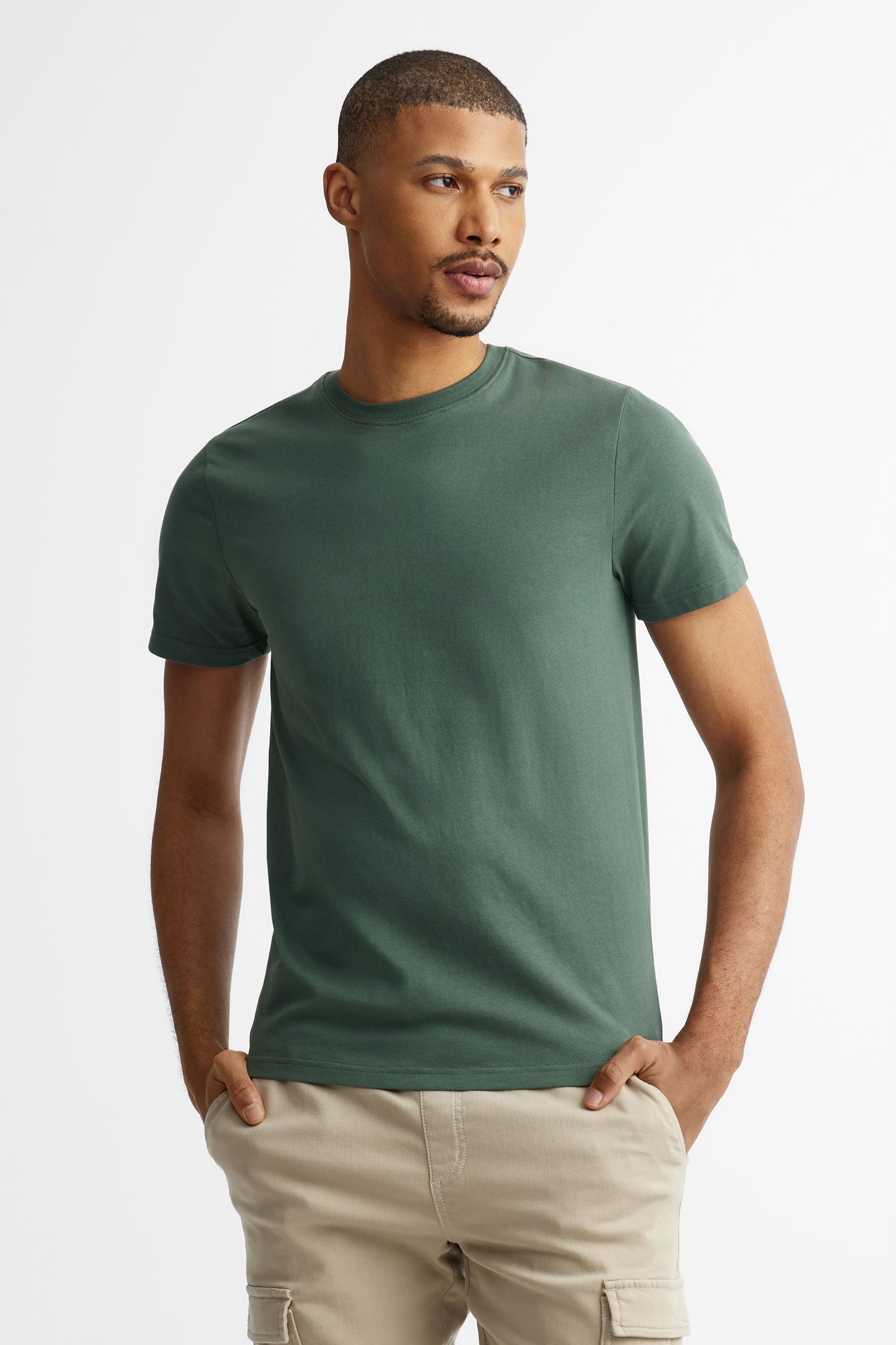 T-shirt col rond en coton, 3/25$ - Homme && VERT FONCE