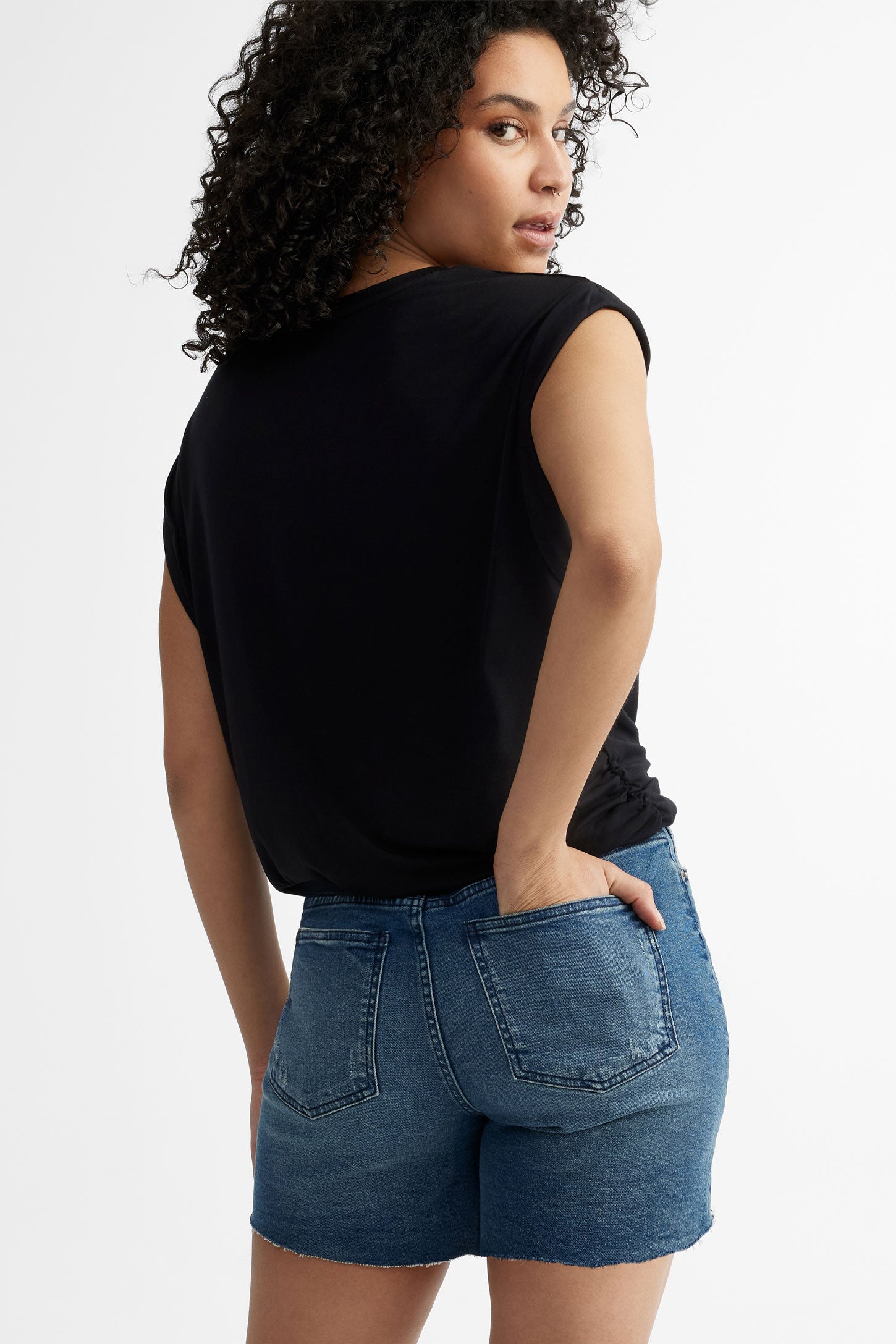 Short taille haute ourlet coupé en jeans - Femme && BLEU