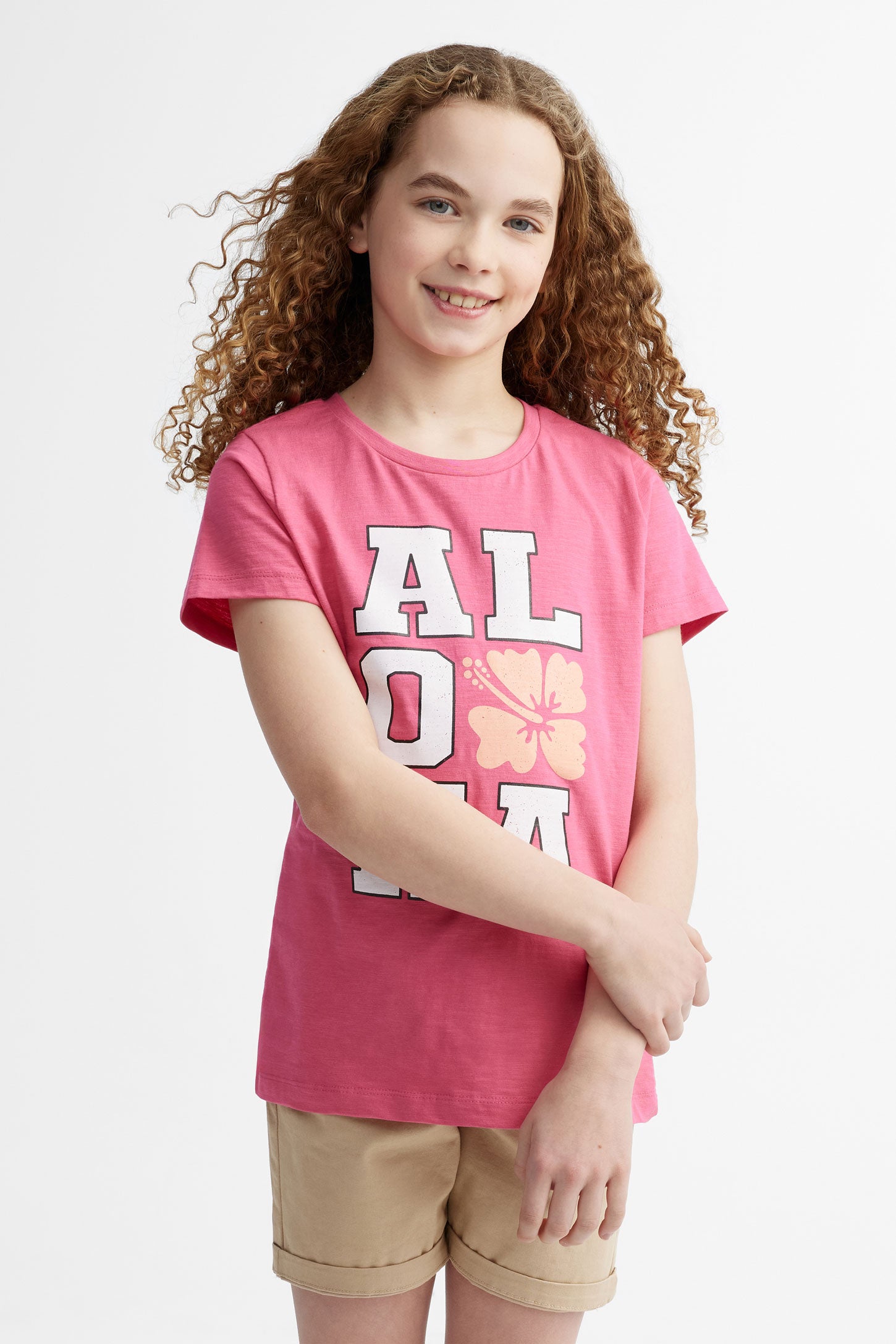 T-shirt col rond en coton, 2/25$ - Ado fille && ROSE FONCE