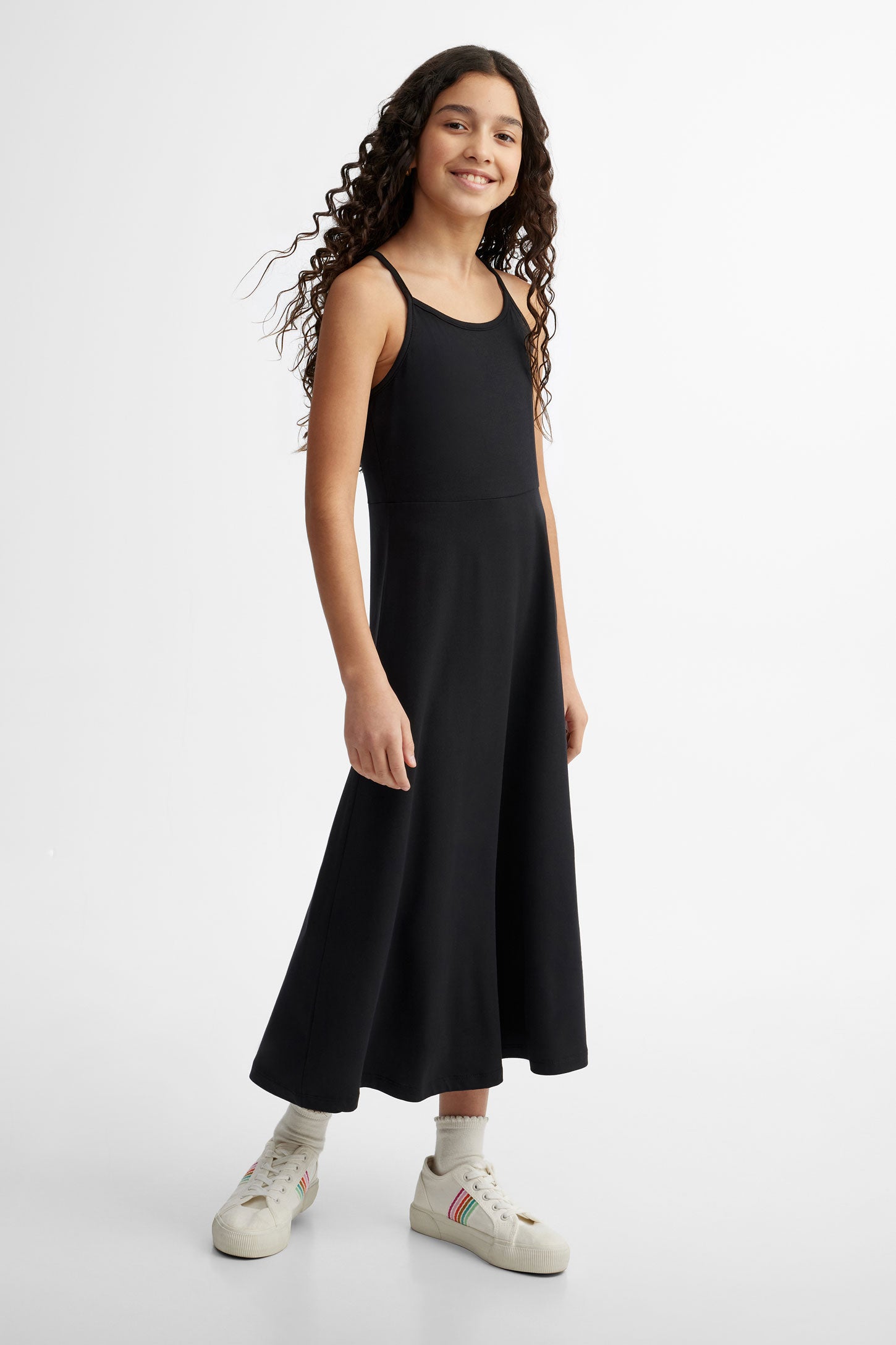 Robe longue à bretelles en coton - Ado fille && NOIR