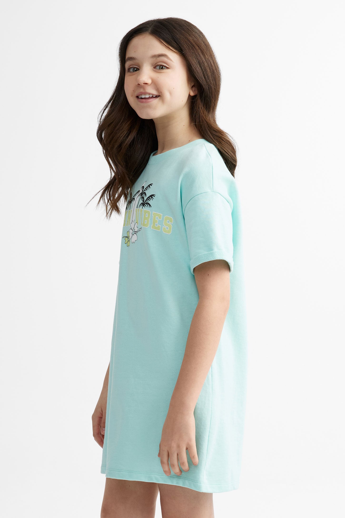 Robe t-shirt imprimée en coton - Ado fille && BLEU PALE