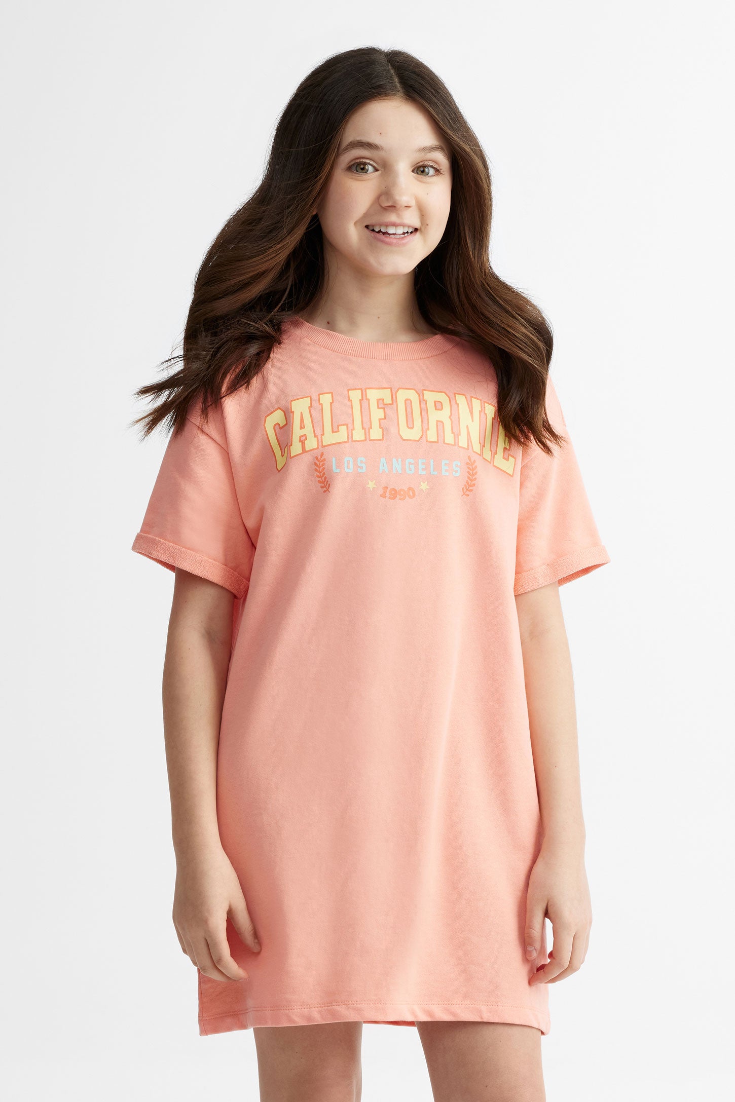 Robe t-shirt imprimée en coton - Ado fille && ORANGE