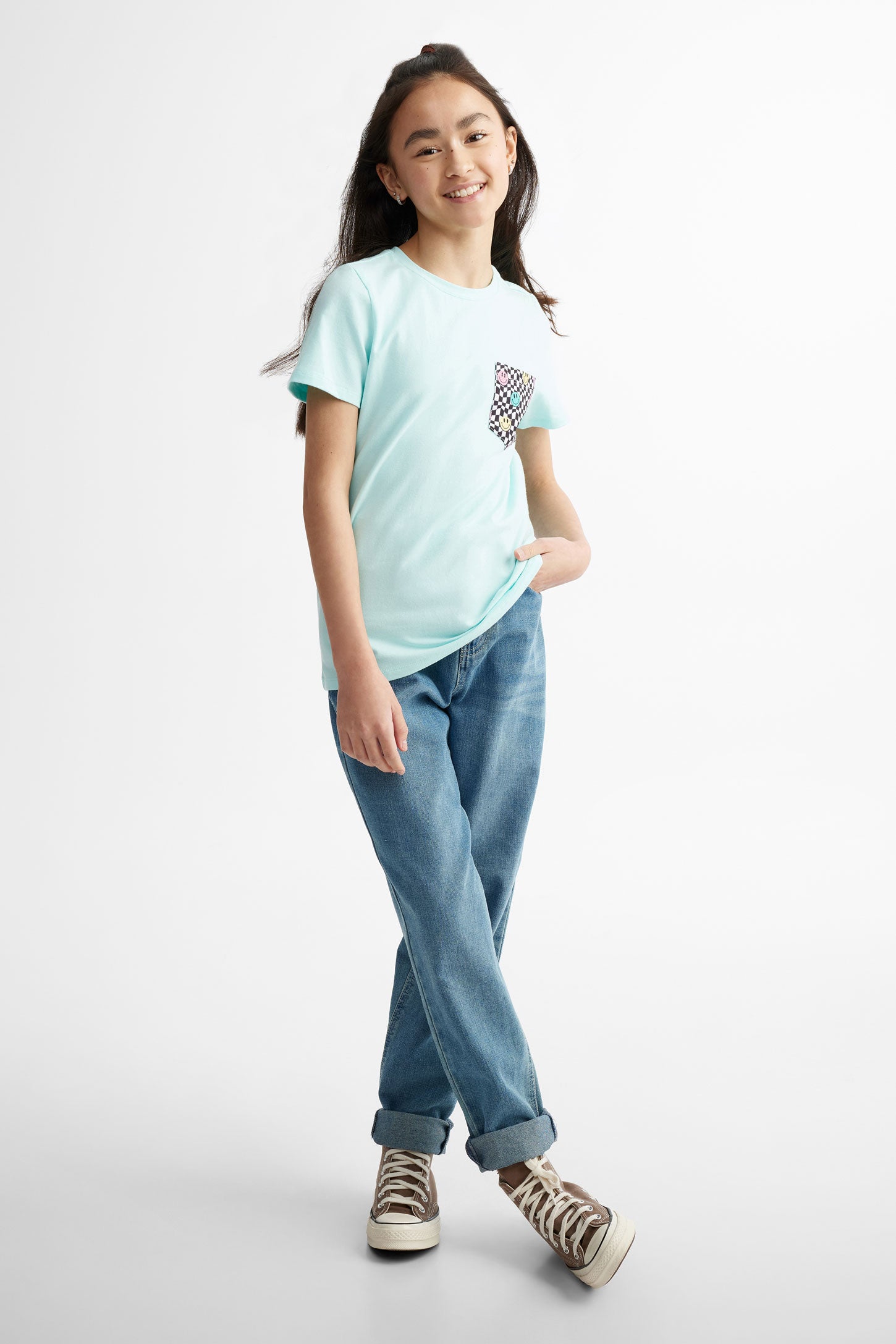 T-shirt col rond à poche en coton, 2/25$ -  Ado fille && BLEU PALE