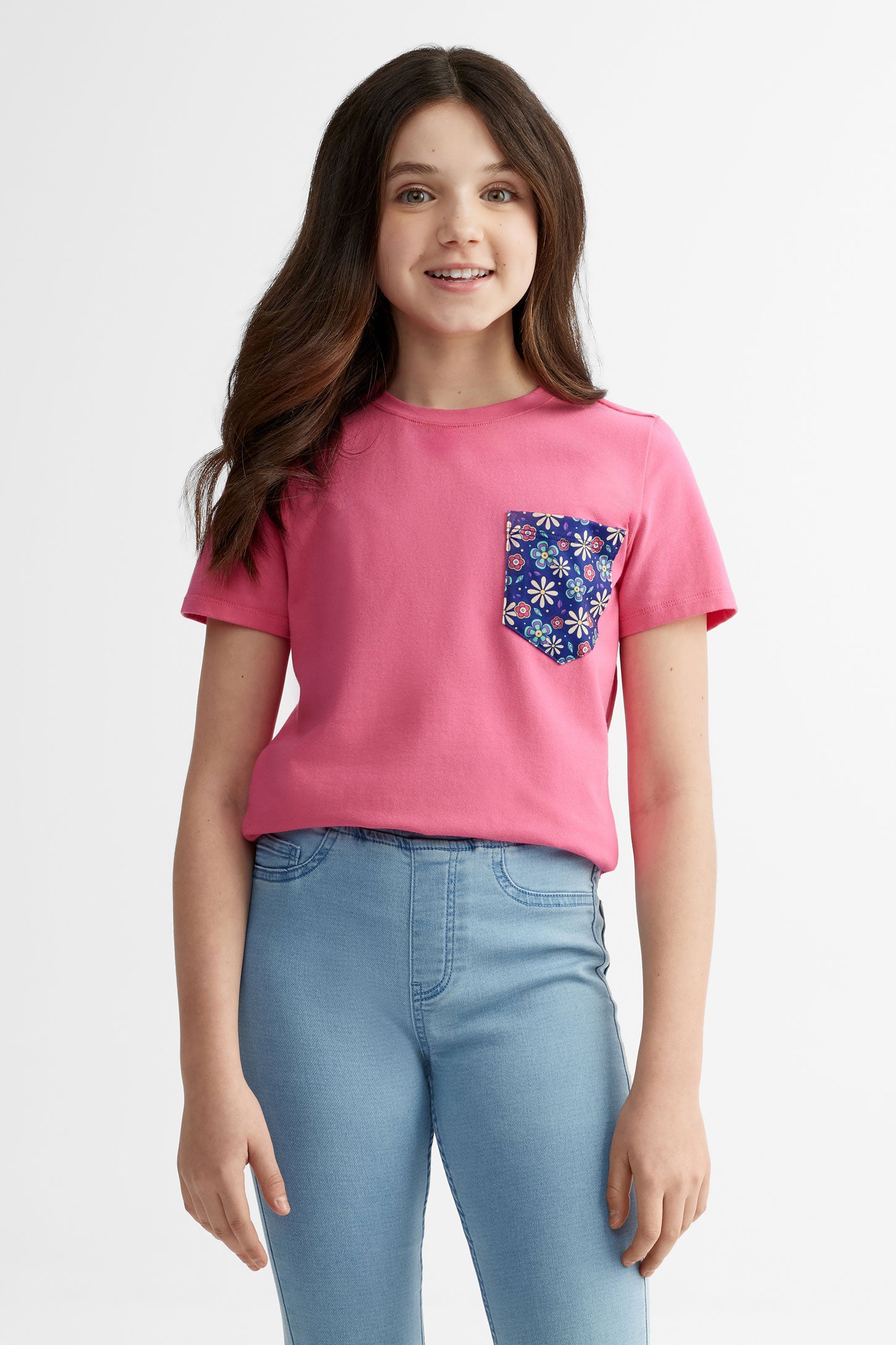 T-shirt col rond à poche en coton, 2/25$ -  Ado fille && ROSE FONCE