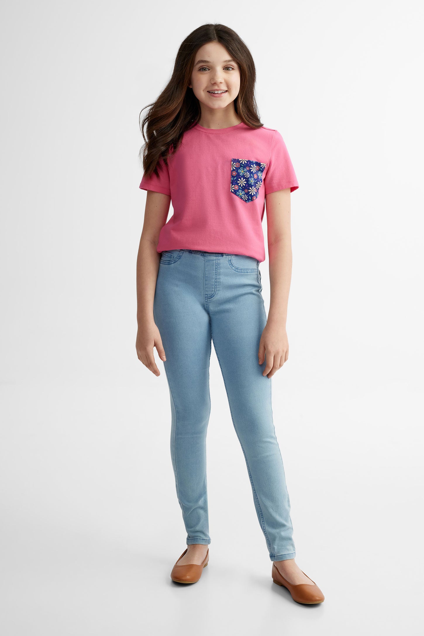 T-shirt col rond à poche en coton, 2/25$ -  Ado fille && ROSE FONCE