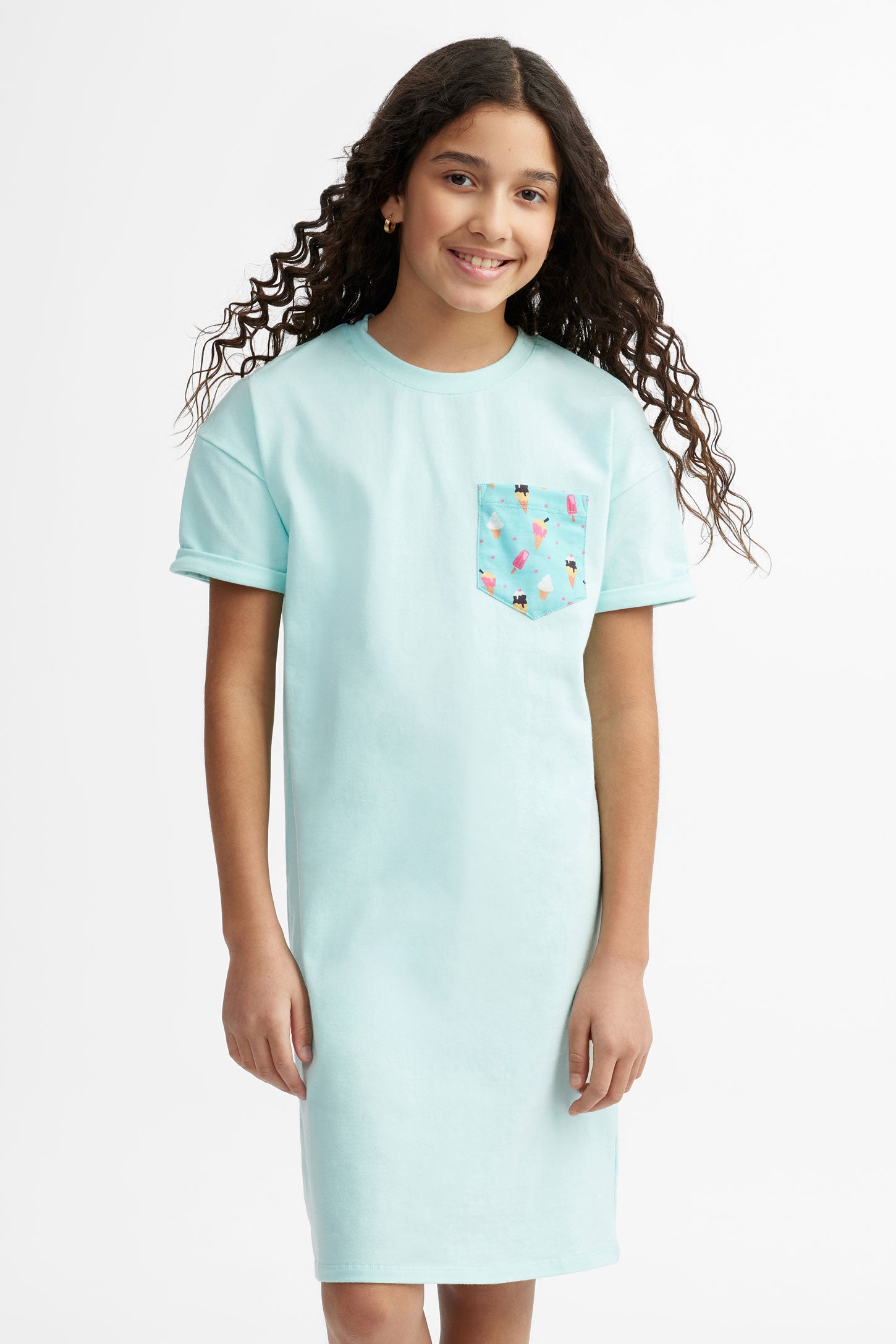 Robe t-shirt col rond en coton - Ado fille && BLEU PALE