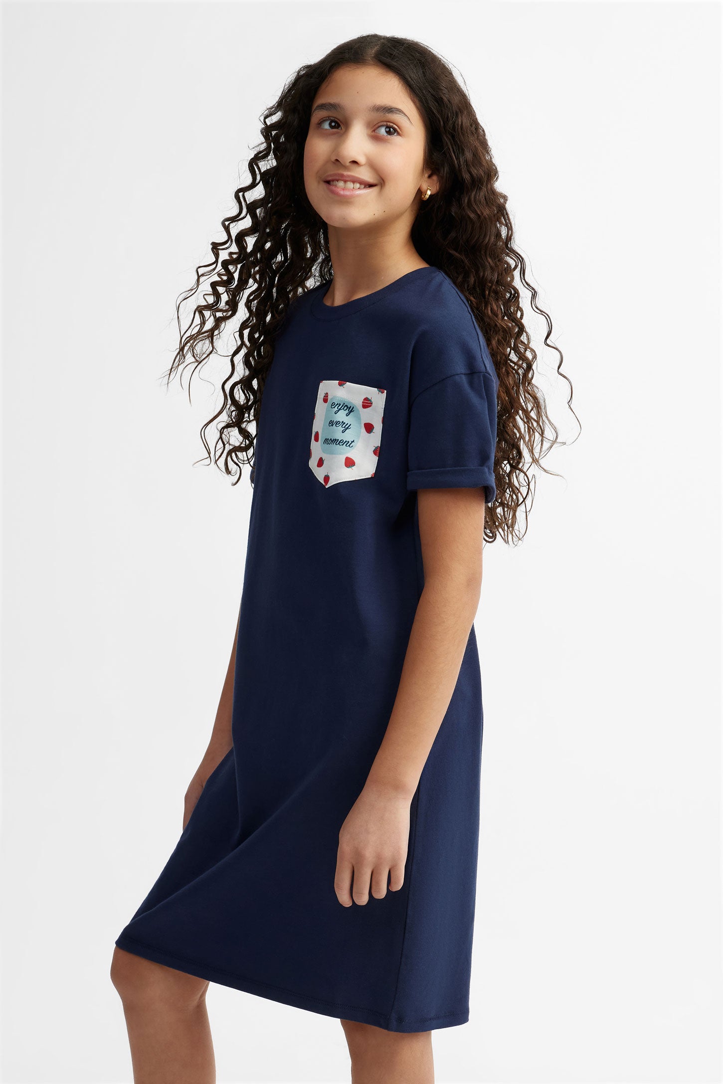 Robe t-shirt col rond en coton - Ado fille && BLEU MARINE