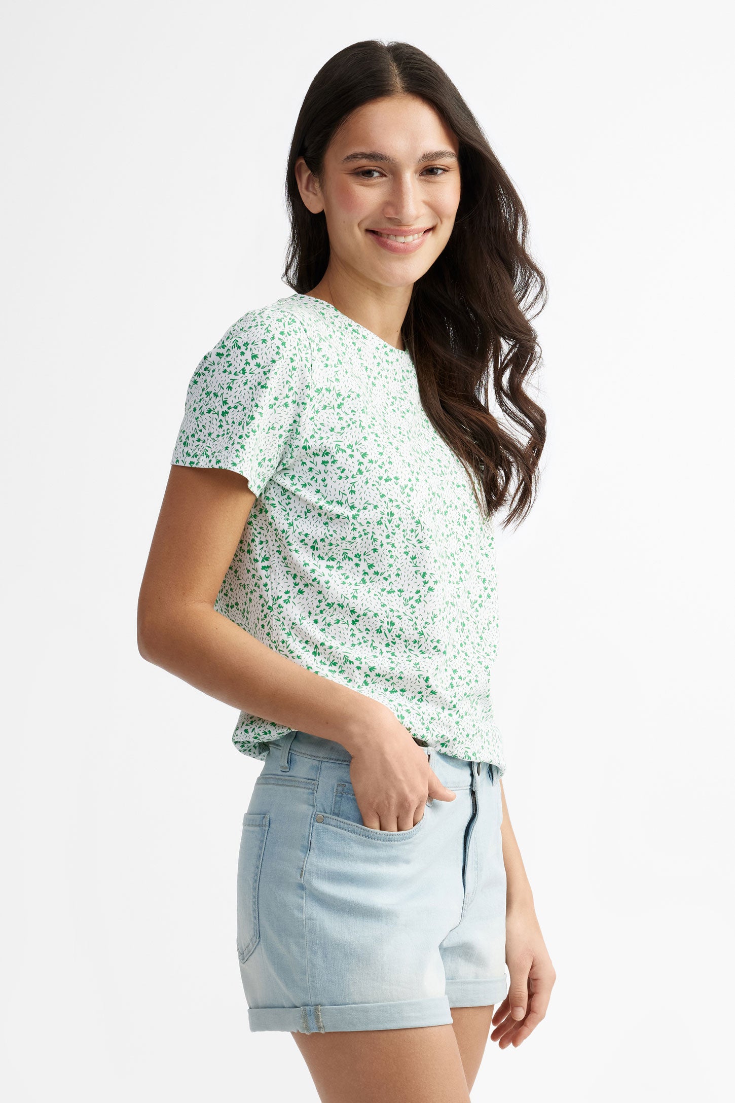 T-shirt col rond coupe semi-ajustée en coton - Femme && BLANC MULTI