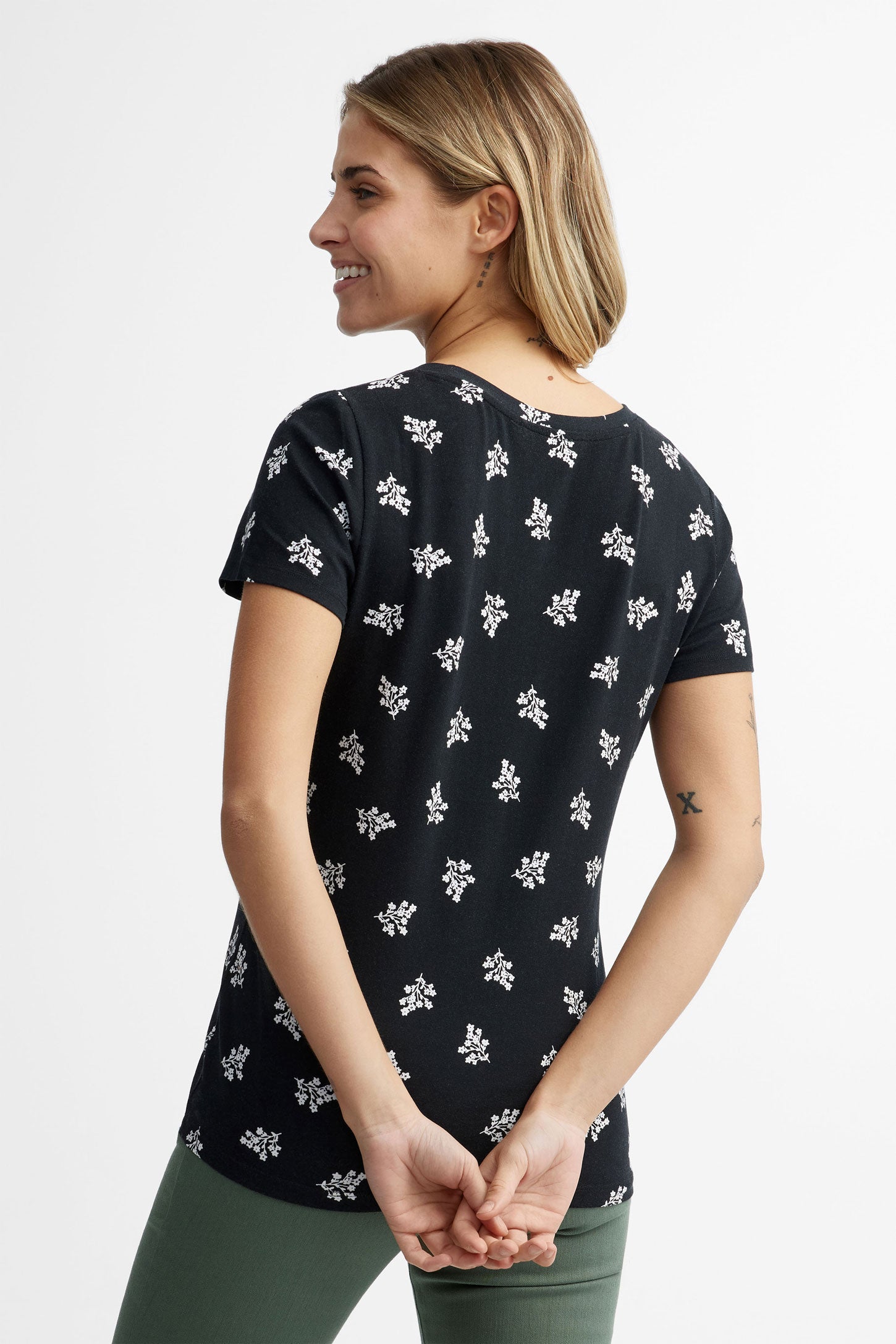 T-shirt col rond coupe semi-ajustée en coton - Femme && NOIR/MULTI