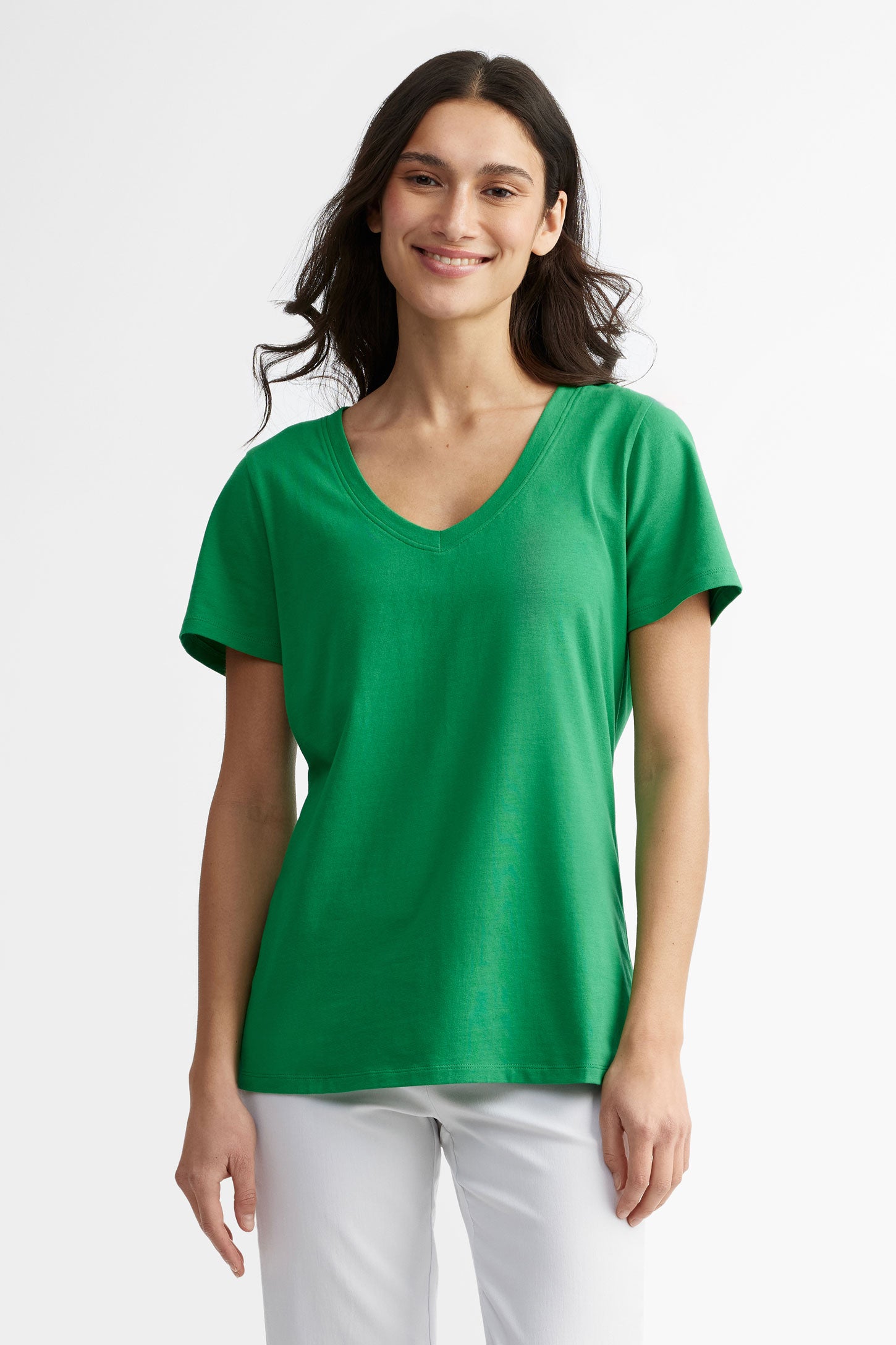 T-shirt col en V coupe semi-ajustée en coton - Femme && VERT