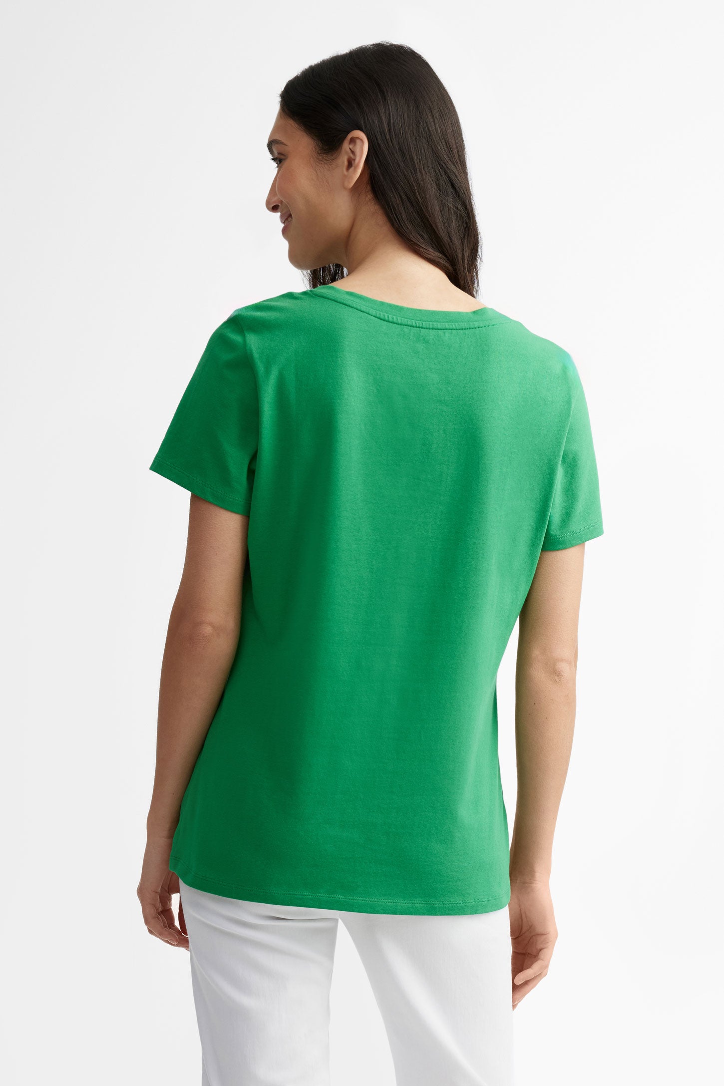 T-shirt col en V coupe semi-ajustée en coton - Femme && VERT