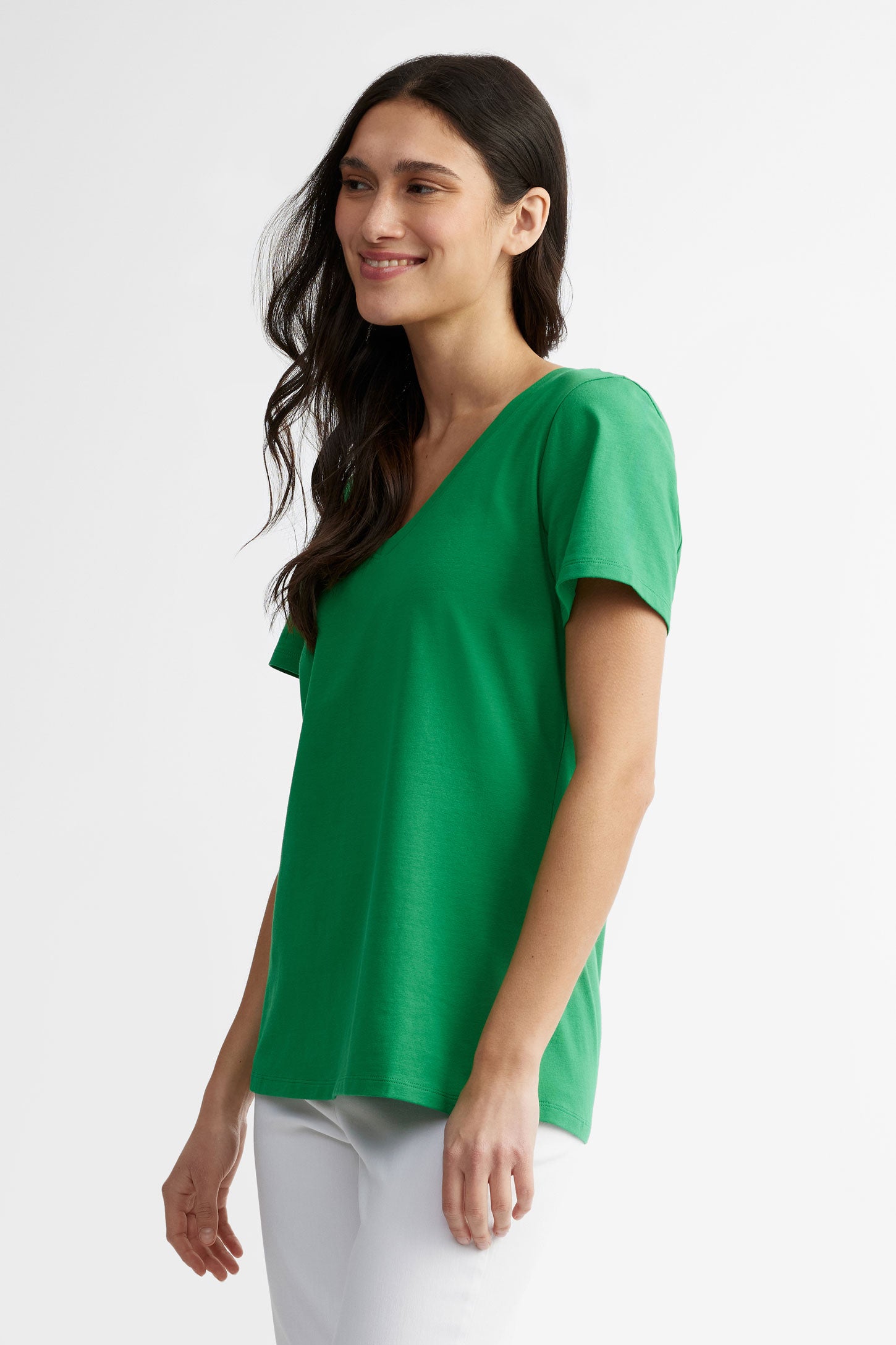 T-shirt col en V coupe semi-ajustée en coton - Femme && VERT