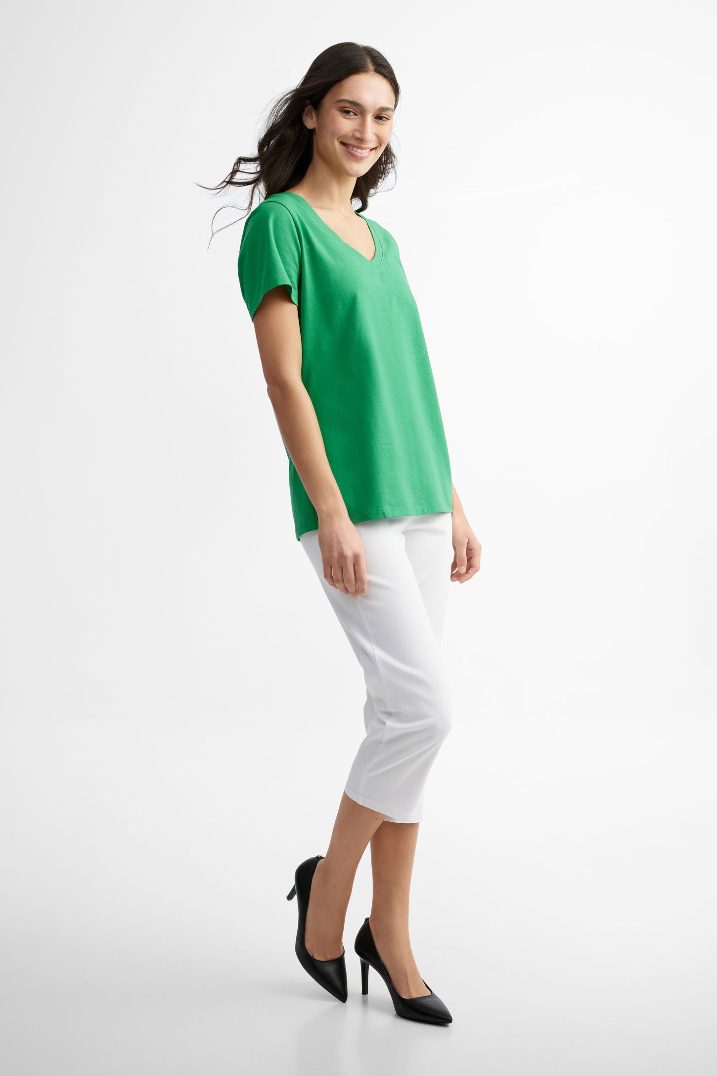 T-shirt col en V coupe semi-ajustée en coton - Femme && VERT