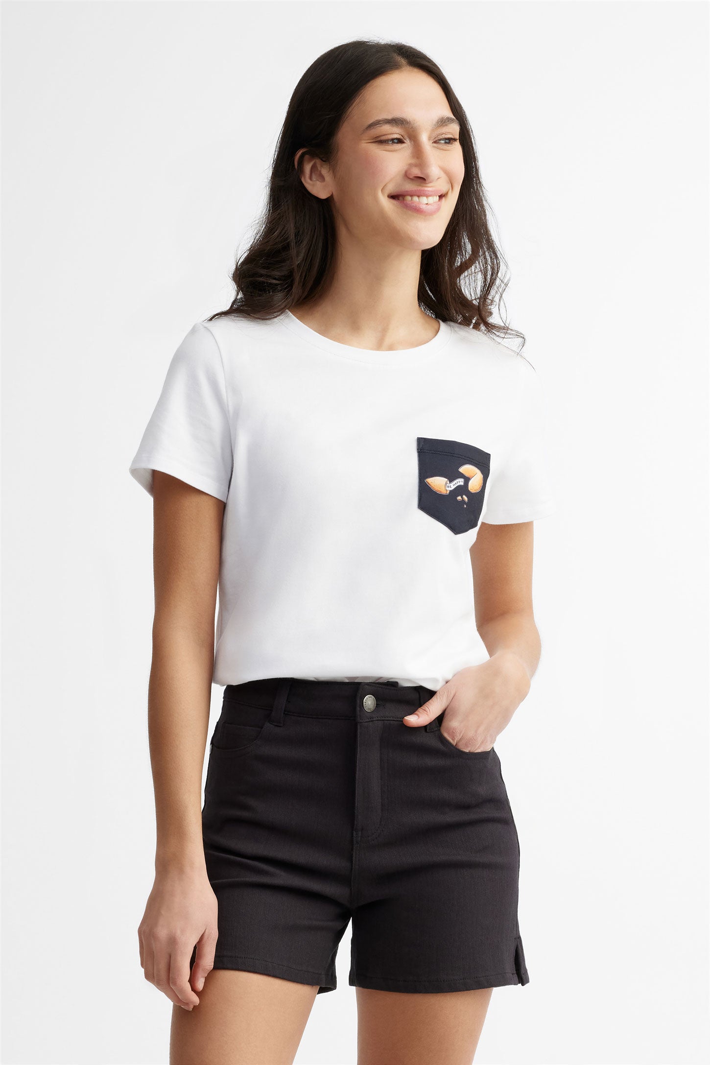 T-shirt col rond à poche en coton, 2/30$ - Femme && BLANC