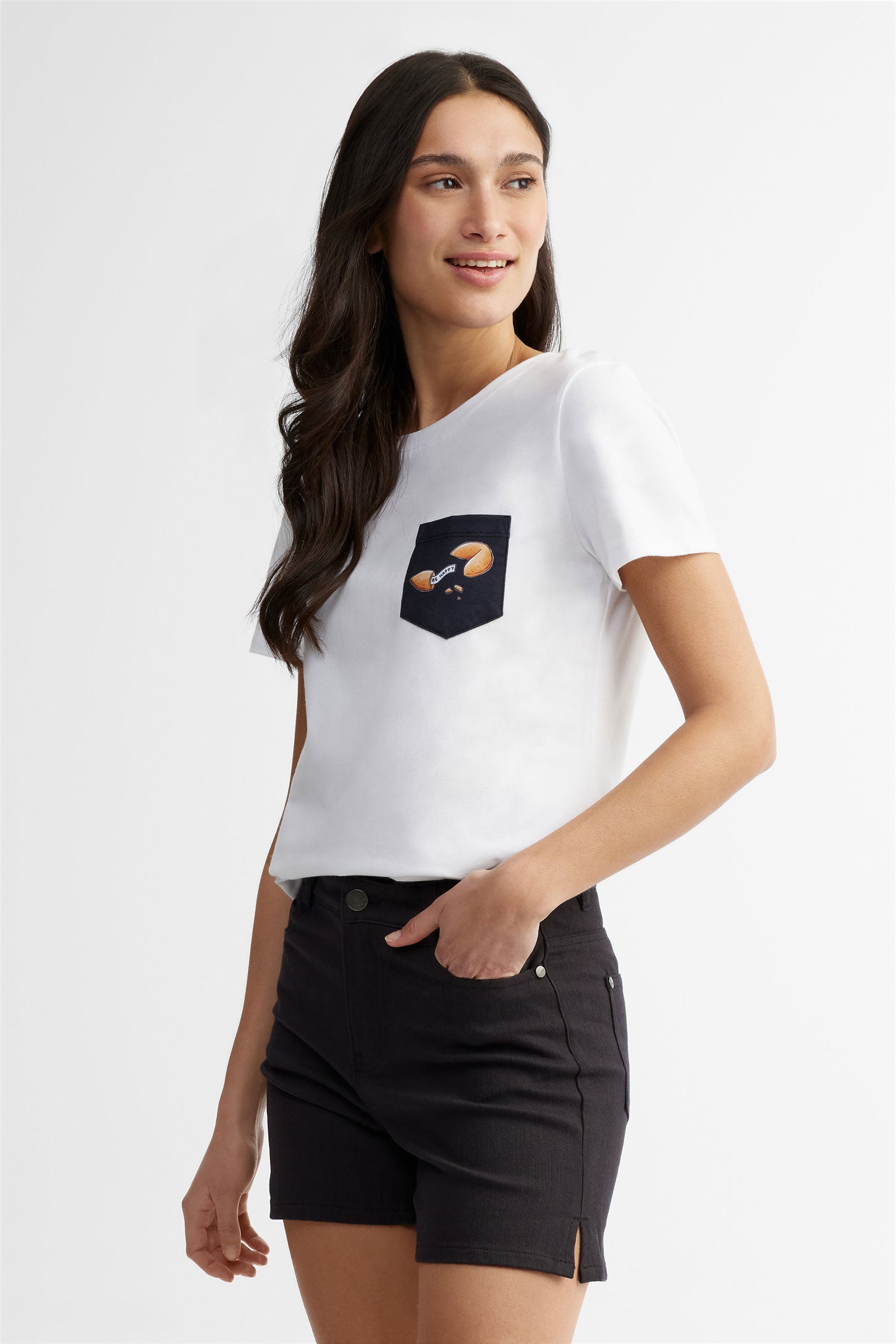 T-shirt col rond à poche en coton, 2/30$ - Femme && BLANC