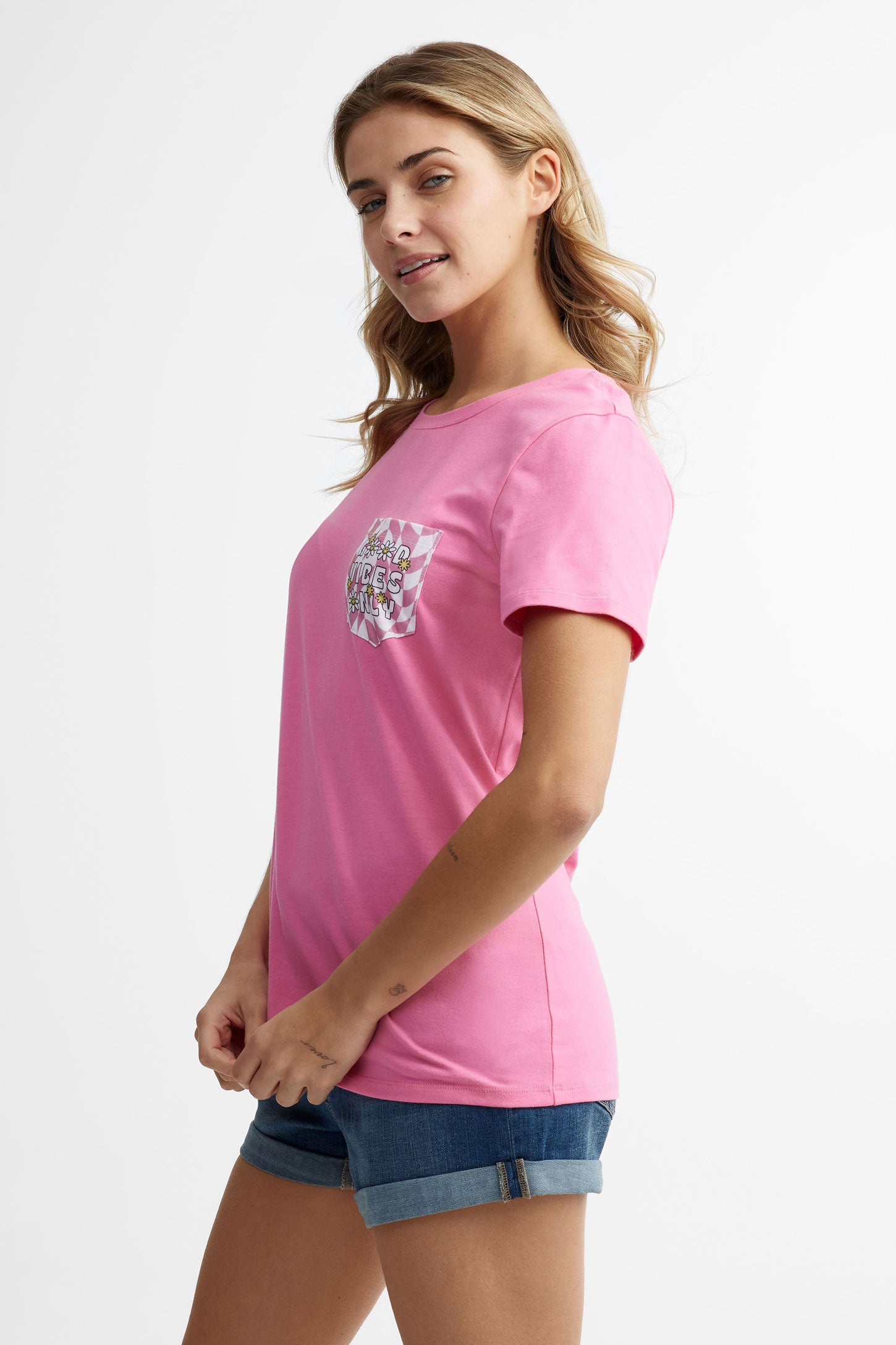 T-shirt col rond à poche en coton, 2/30$ - Femme && ROSE