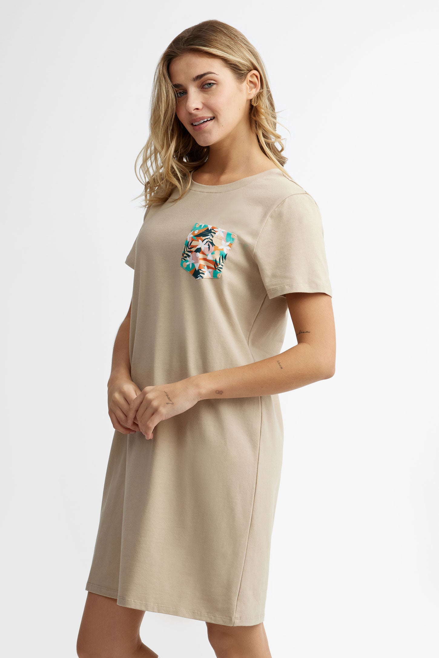 Robe t-shirt col rond en coton - Femme && BEIGE