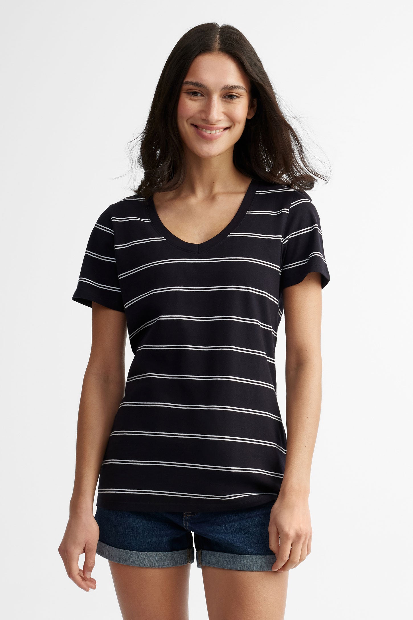 T-shirt col en V coupe semi-ajustée en coton - Femme && NOIR/MULTI