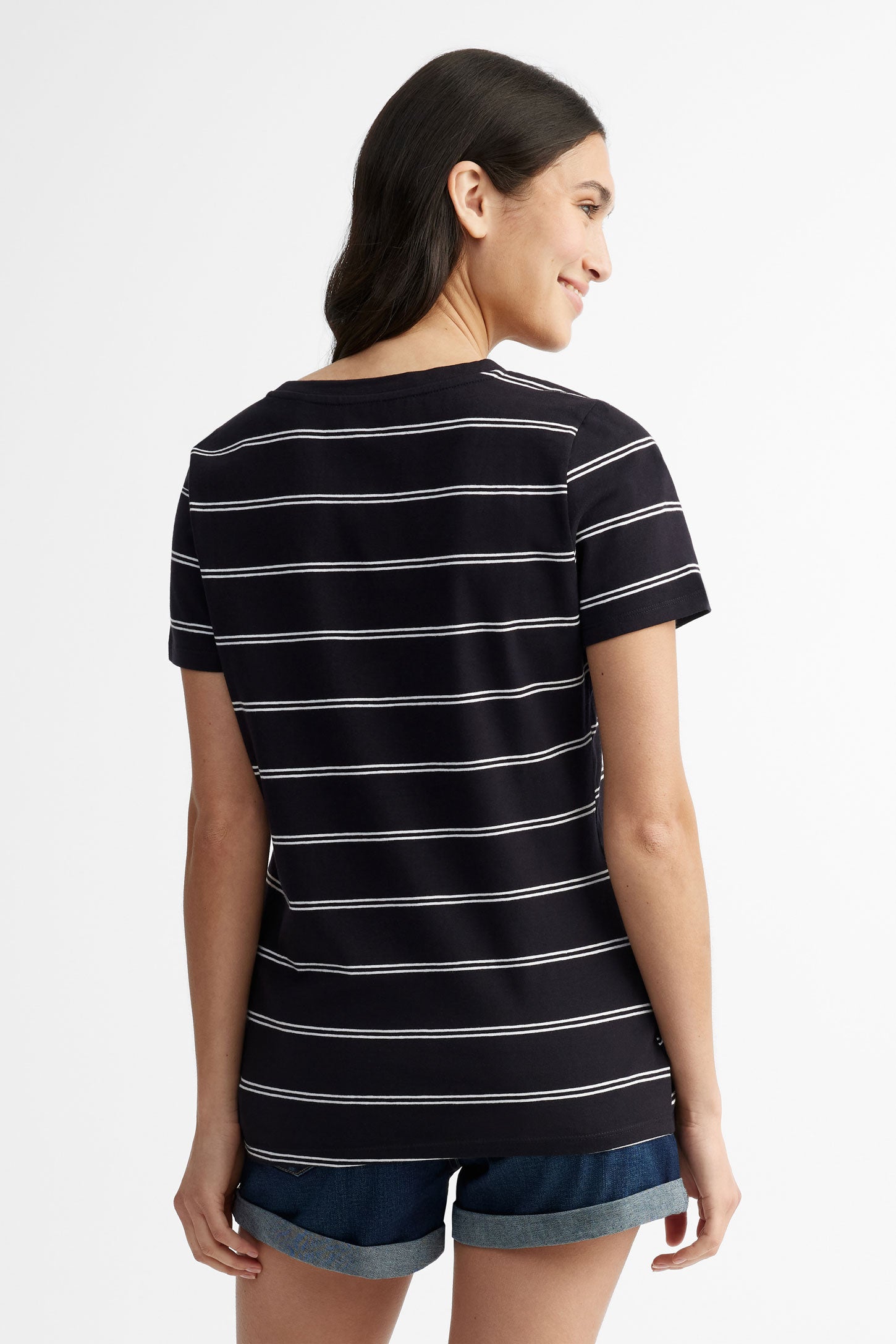 T-shirt col en V coupe semi-ajustée en coton - Femme && NOIR/MULTI