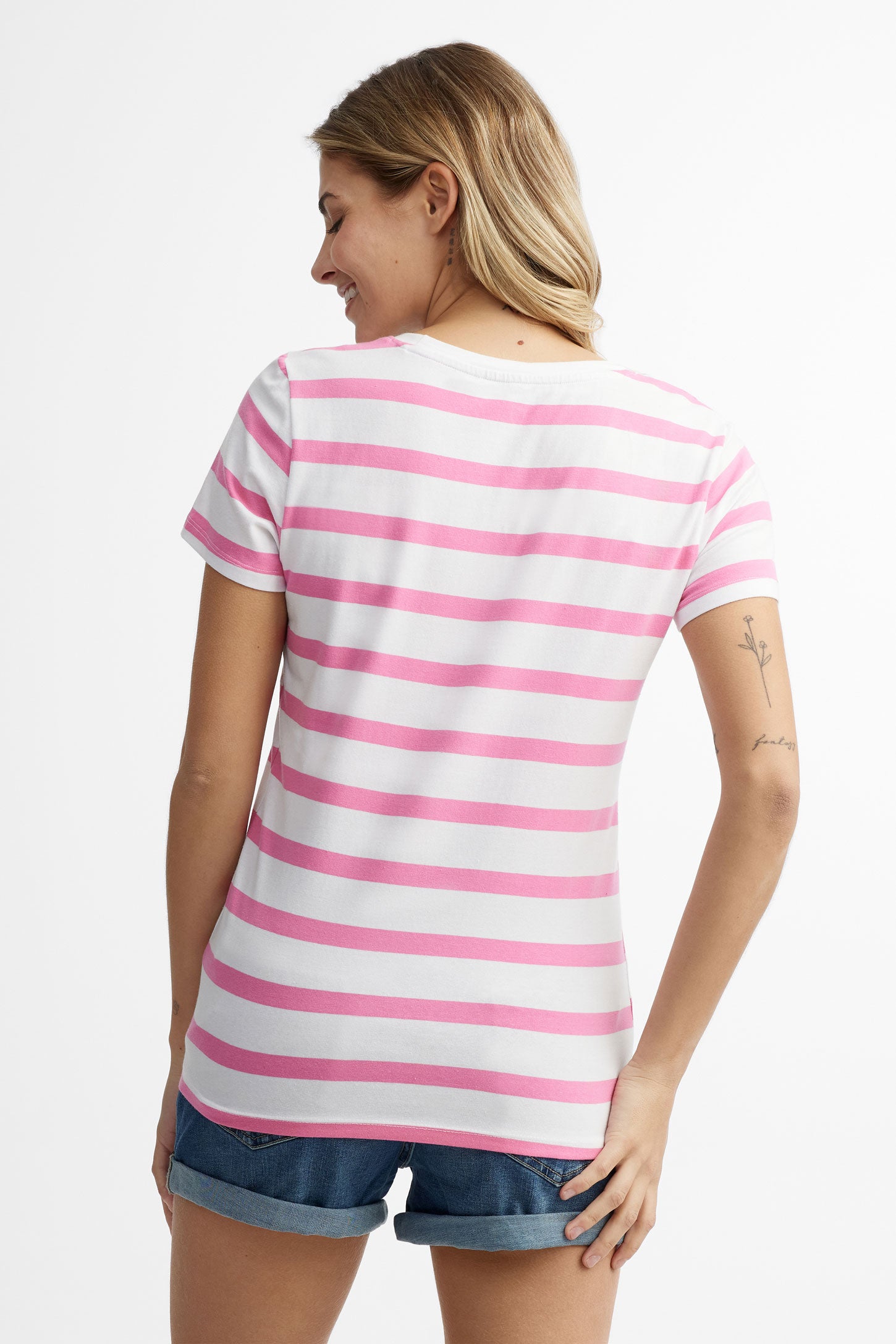 T-shirt col en U coupe semi-ajustée en coton - Femme && BLANC MULTI