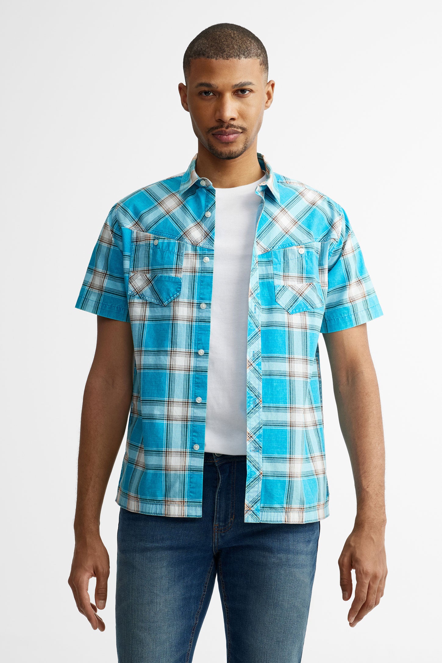 Chemise manches courtes à carreaux en coton pour Homme