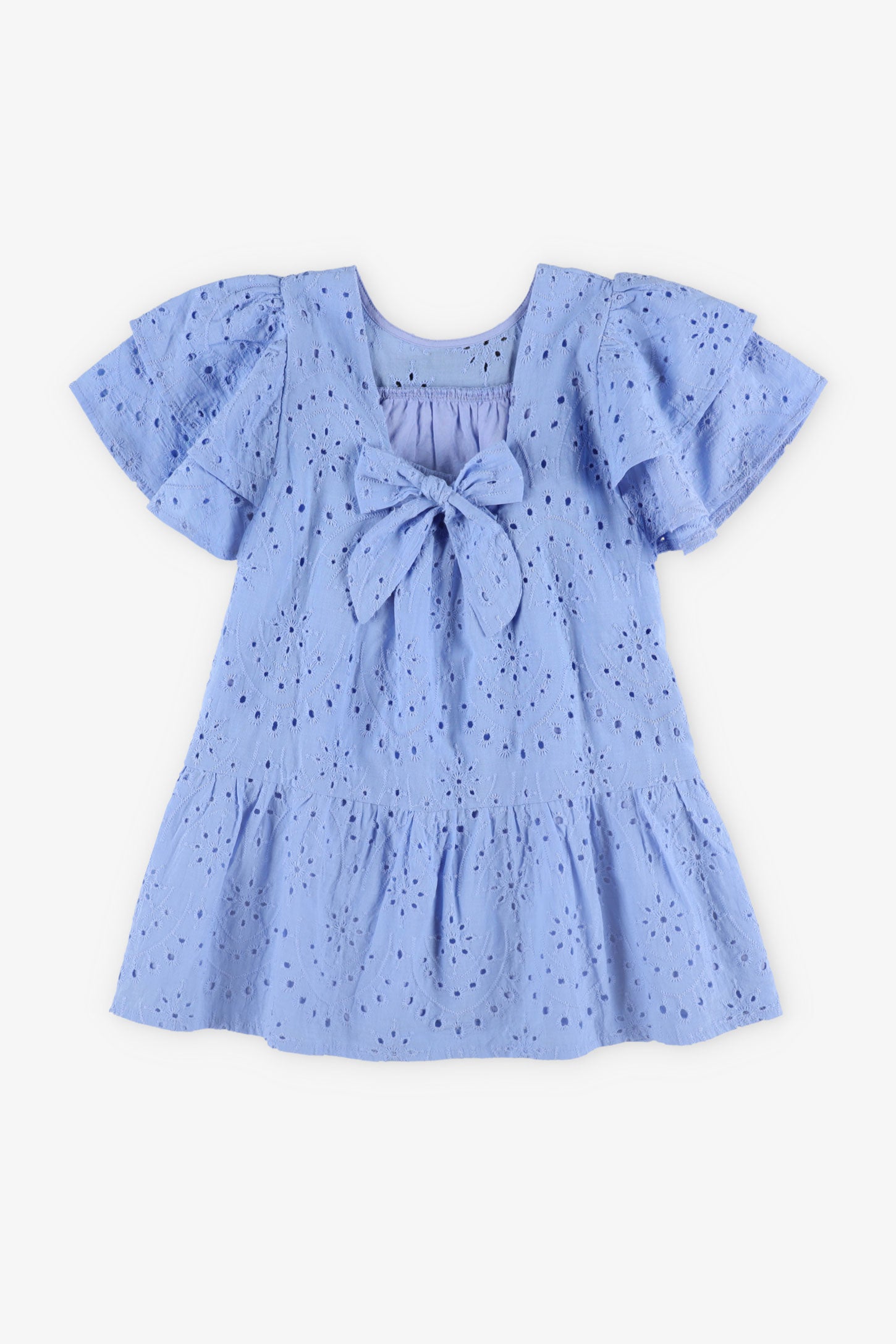 Robe manches courtes broderie anglaises - Enfant fille && BLEU