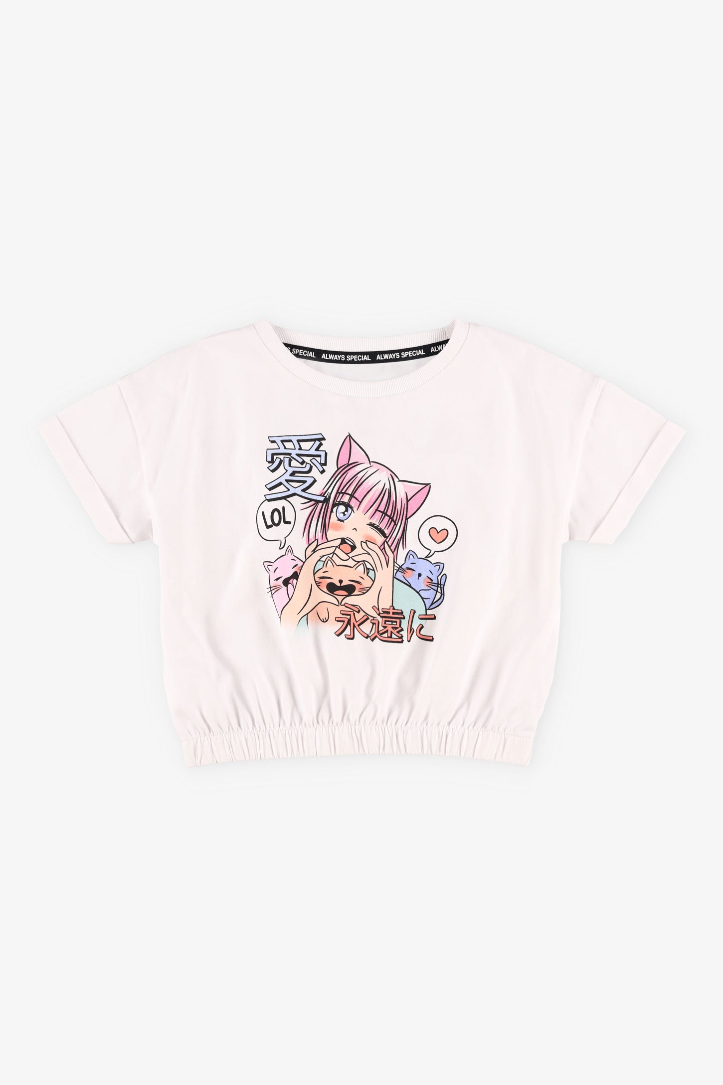 T-shirt coupe écourtée ourlet élastique coton - Enfant fille && BLANC