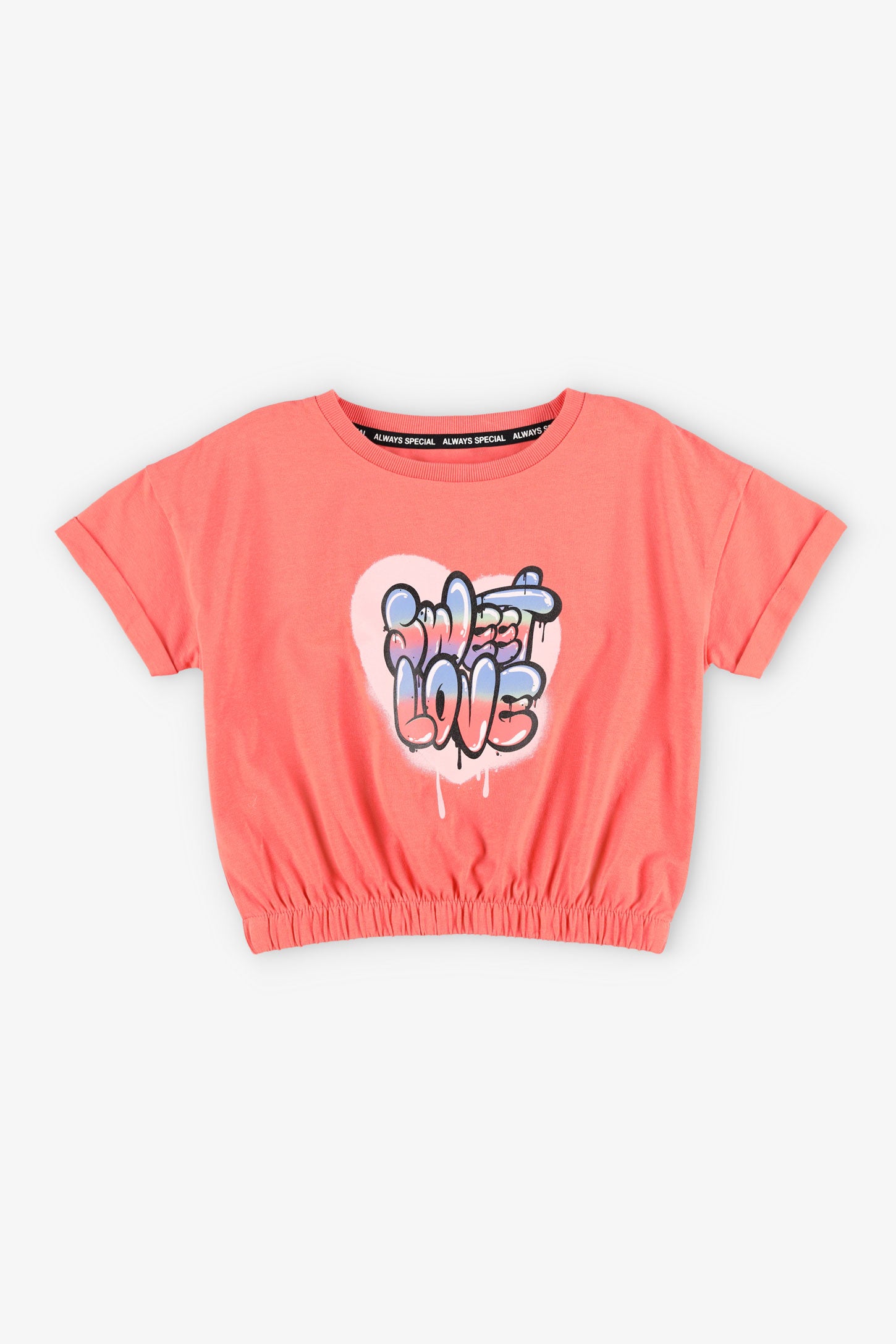 T-shirt coupe écourtée ourlet élastique coton - Enfant fille && CORAIL