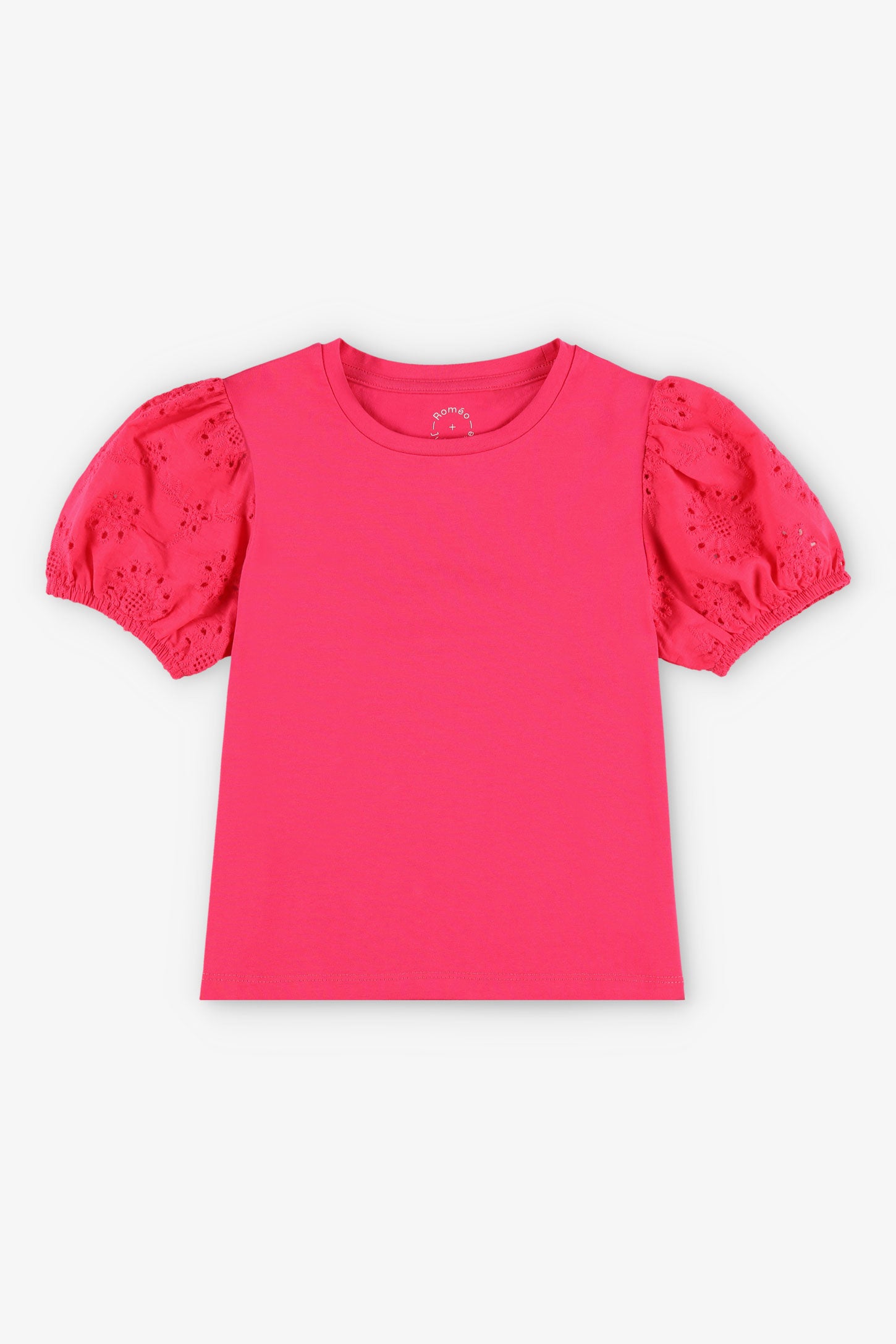 T-shirt manches ballons broderies anglaises - Enfant fille && ROSE