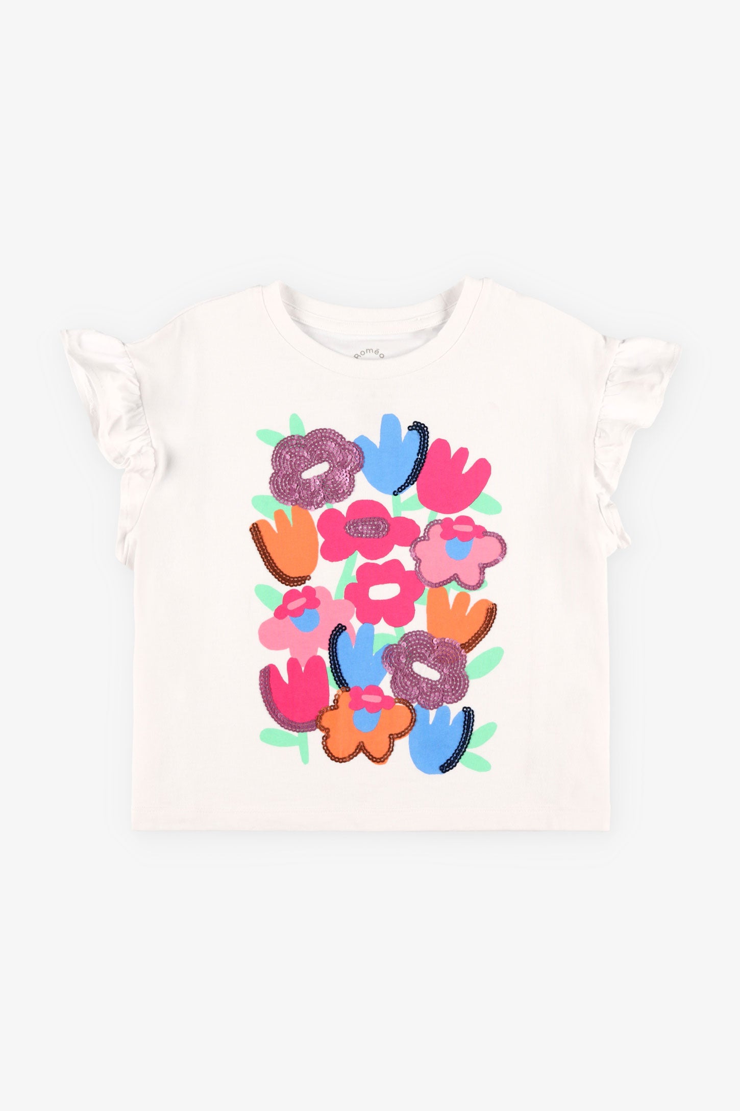 T-shirt manches volants imprimé en coton - Enfant fille && BLANC