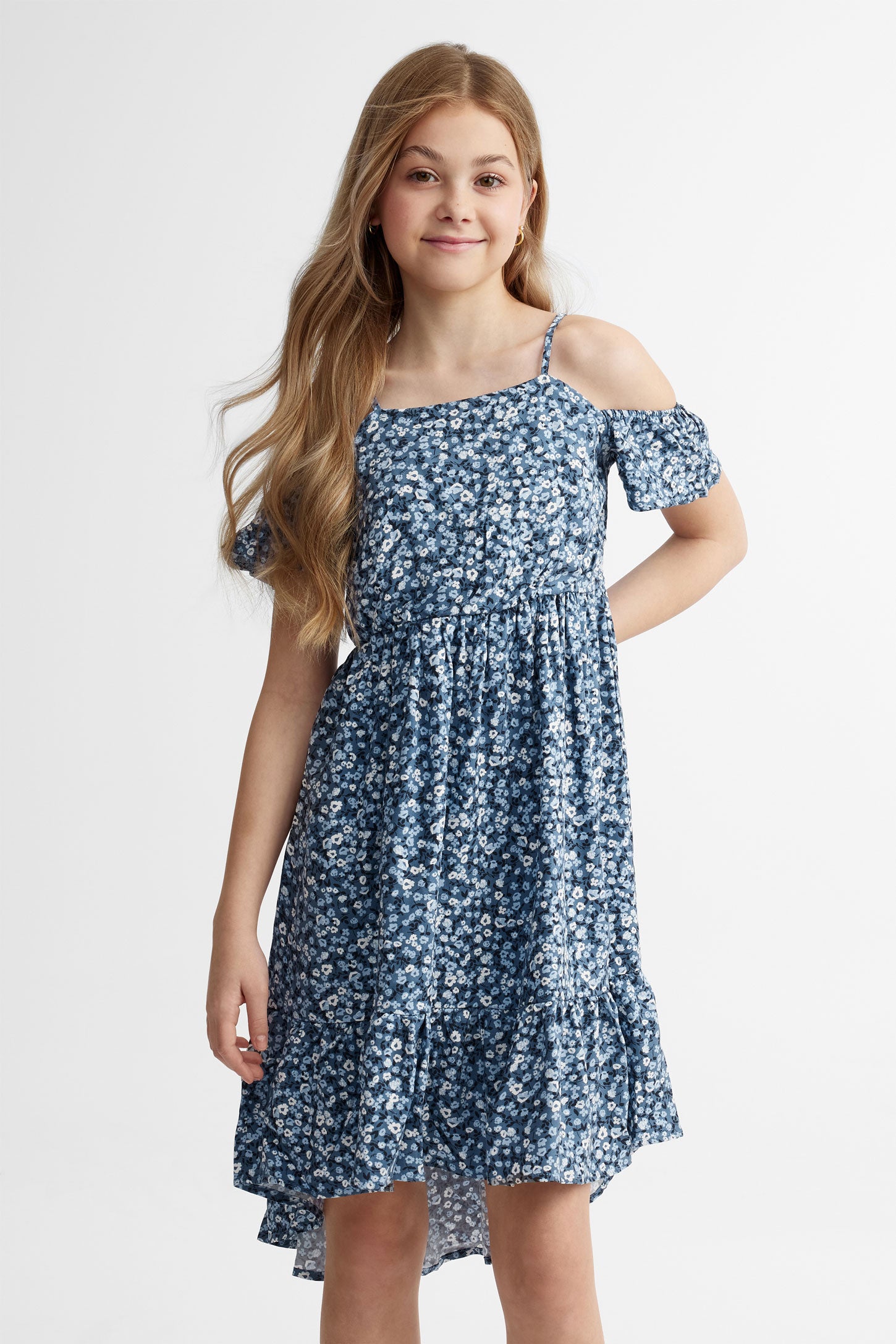 Robe épaules dénudées avec volants - Ado fille && BLEU MULTI