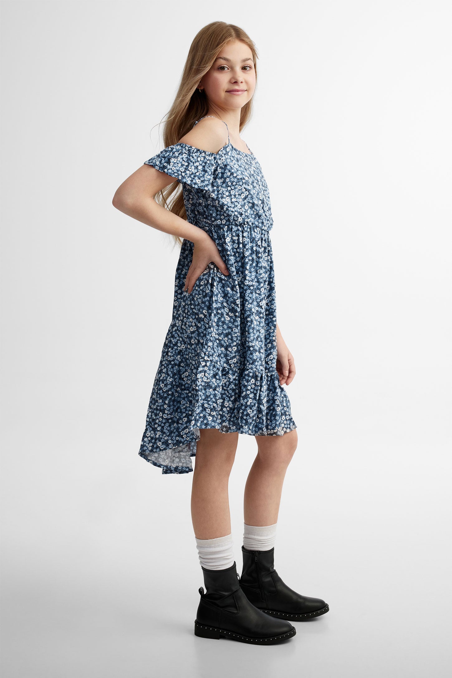 Robe épaules dénudées avec volants - Ado fille && BLEU MULTI